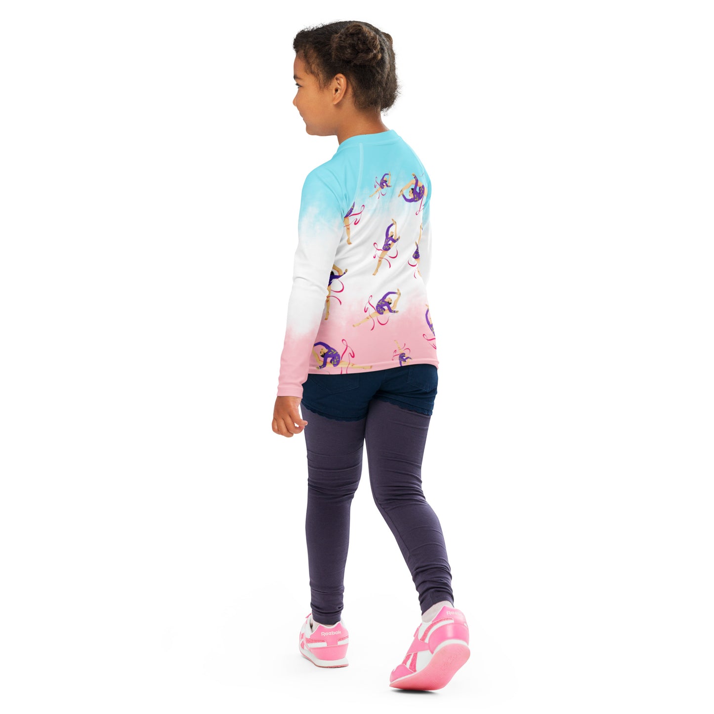 Rash guard pour petite fille – Dégradé Bleu, Blanc, Rosé – Compression légère, séchage rapide – Motif Gymnaste Danseuse