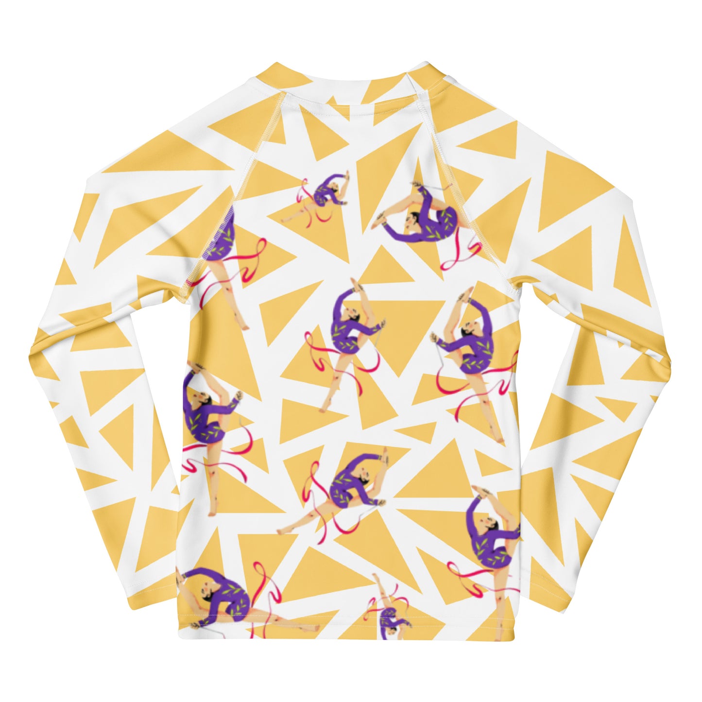 Rash guard pour petite fille – Blanc & Jaune – Compression légère, séchage rapide – Motif Gymnaste Danseuse