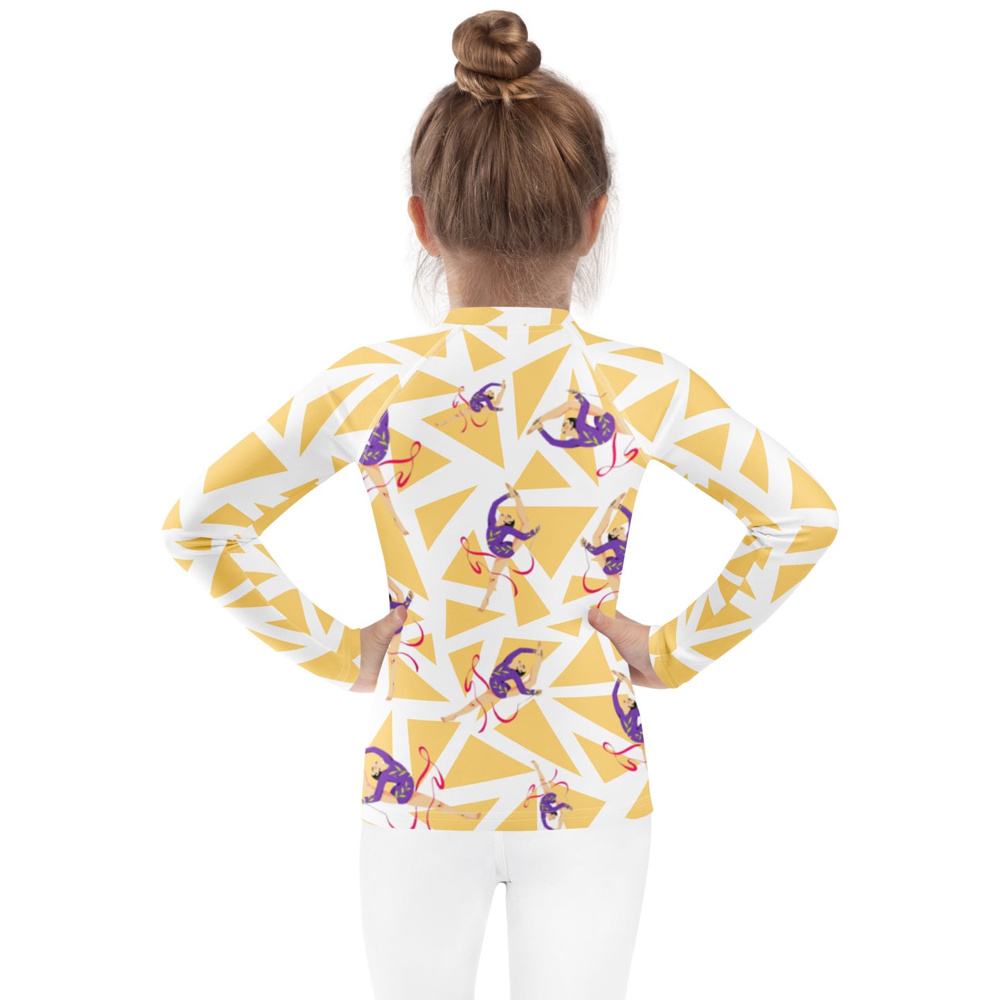 Rash guard pour petite fille – Blanc & Jaune – Compression légère, séchage rapide – Motif Gymnaste Danseuse