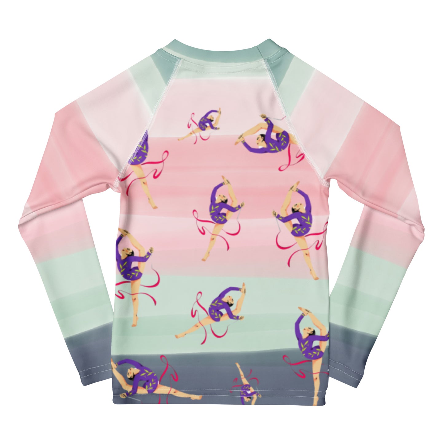 Rash guard pour petite fille – Dégradé Rose Kaki – Compression légère, séchage rapide – Motif Gymnaste Danseuse