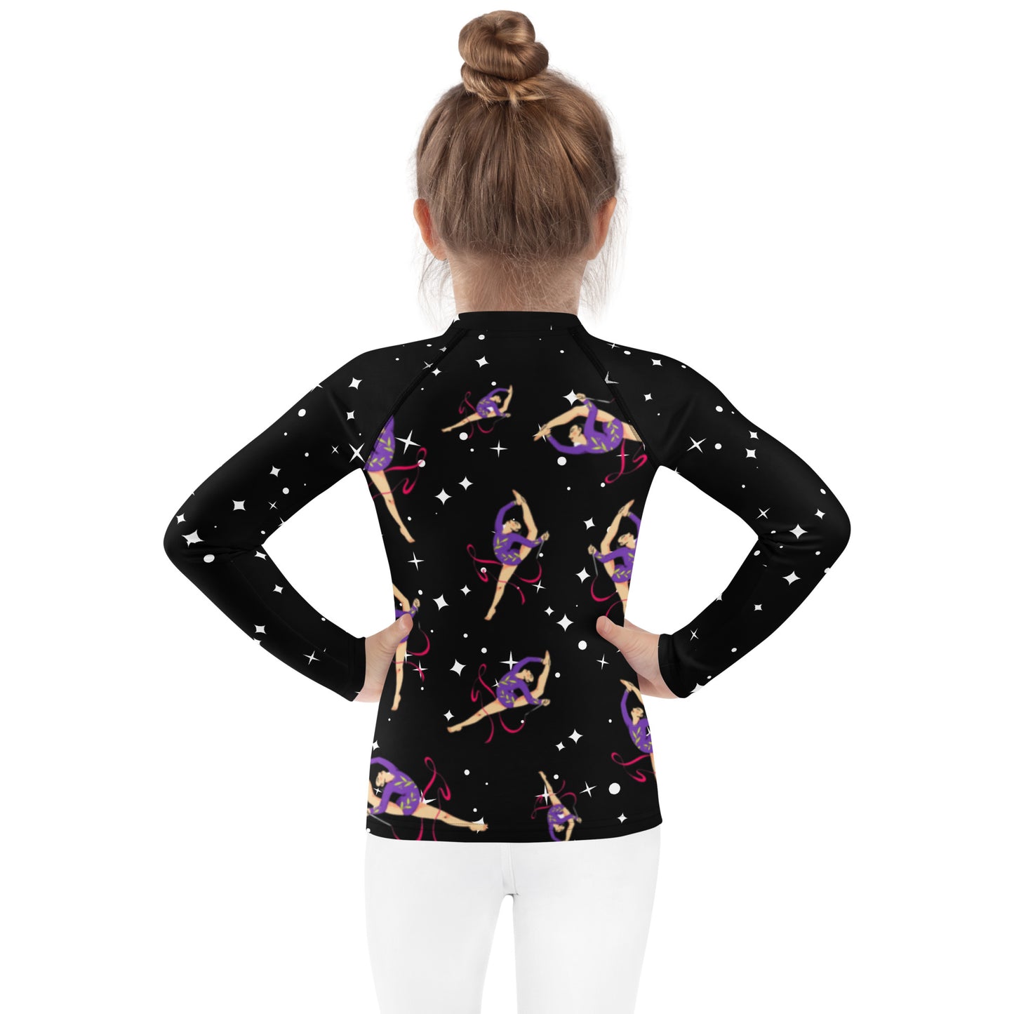Rash guard pour petite fille – Noir Etoilé – Compression légère, séchage rapide – Motif Gymnaste Danseuse
