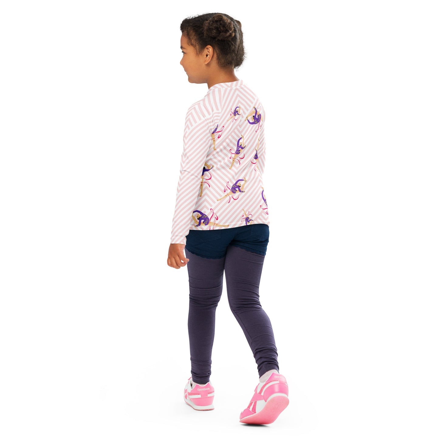 Rash guard pour petite fille – Blanc & Rose – Compression légère, séchage rapide – Motif Gymnaste Danseuse