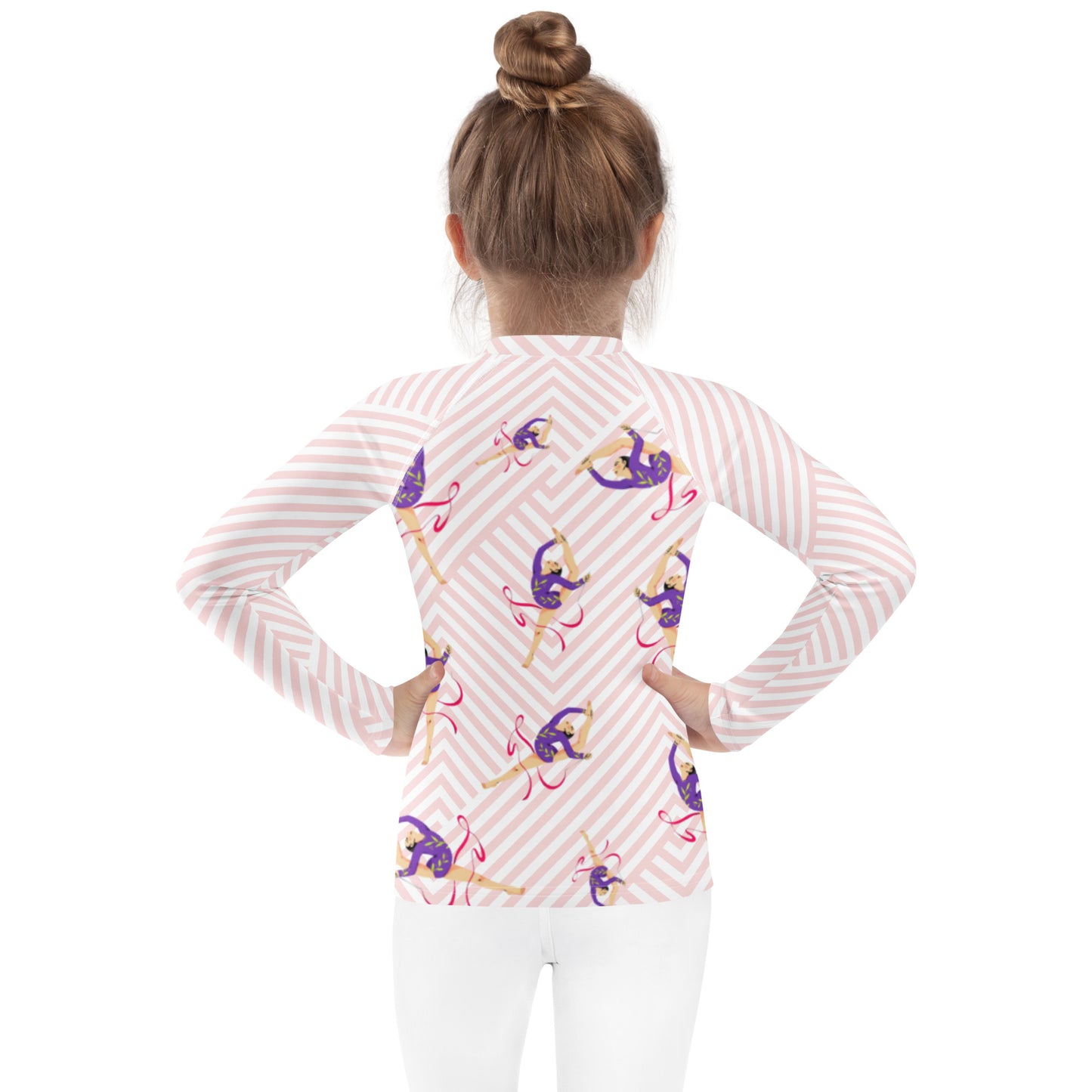 Rash guard pour petite fille – Blanc & Rose – Compression légère, séchage rapide – Motif Gymnaste Danseuse