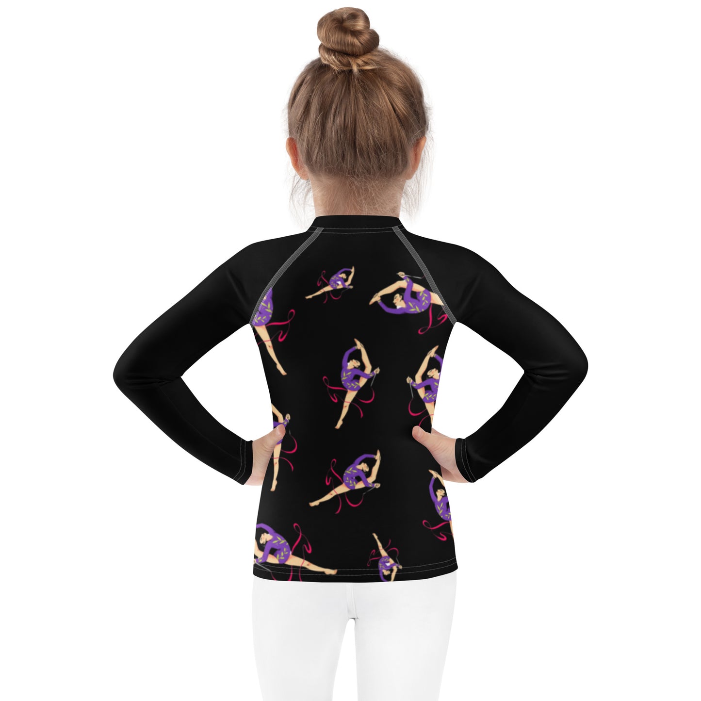Rash guard pour petite fille – Noir – Compression légère, séchage rapide – Motif Gymnaste Danseuse