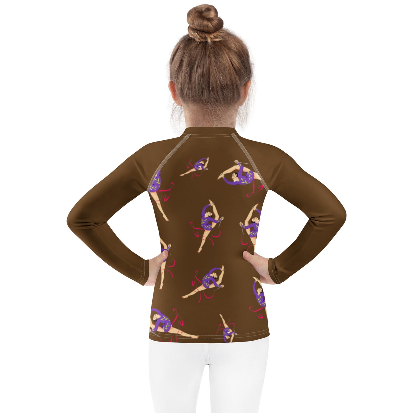 Rash guard pour petite fille – Marron – Compression légère, séchage rapide – Motif Gymnaste Danseuse