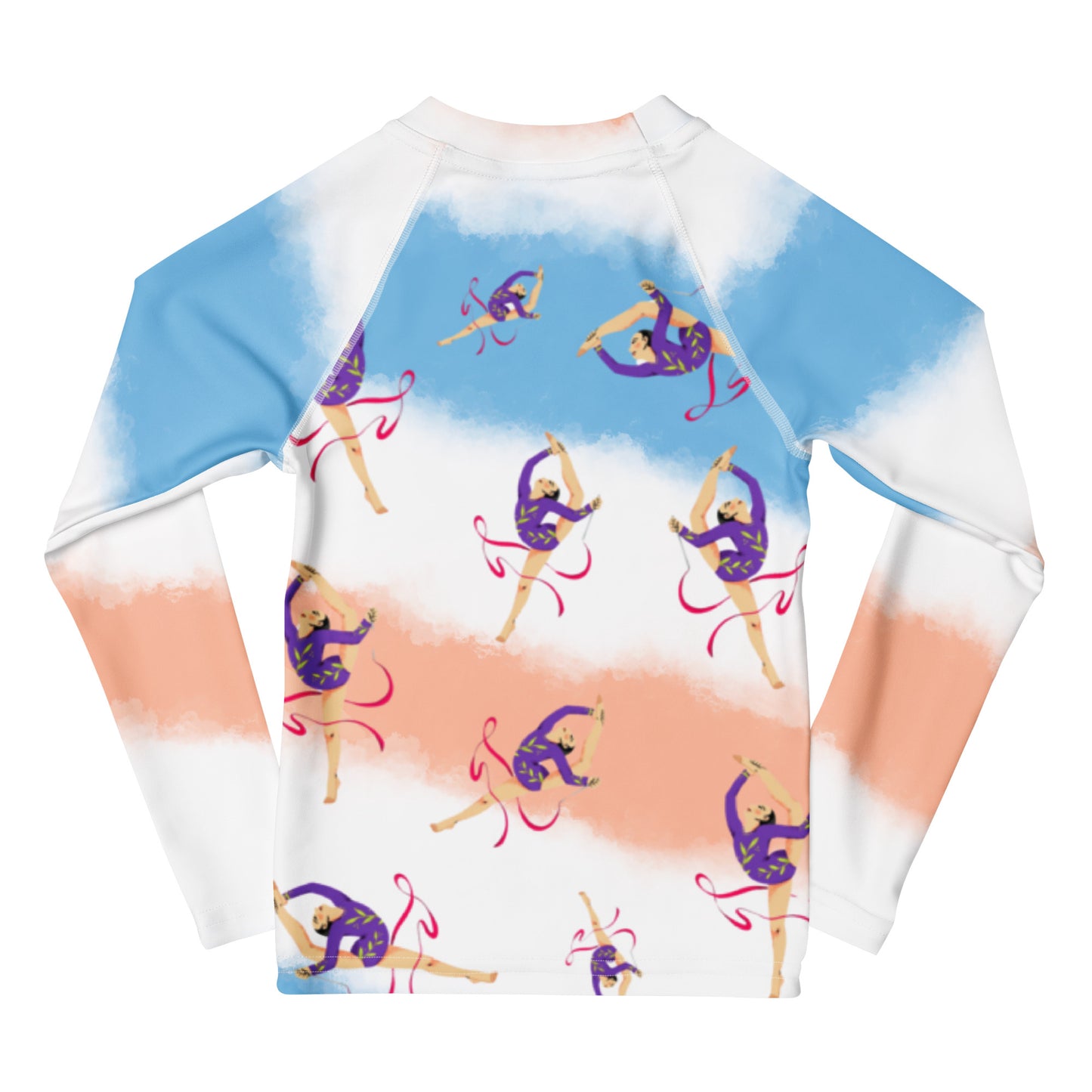 Rash guard pour petite fille – Dégradé Bleu, Blanc, Saumon – Compression légère, séchage rapide – Motif Gymnaste Danseuse