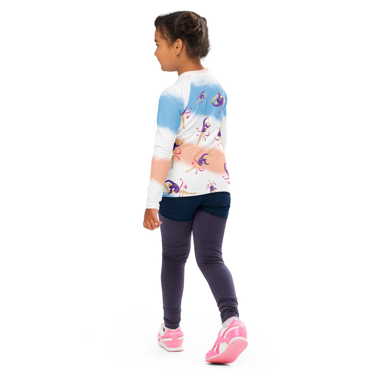 Rash guard pour petite fille – Dégradé Bleu, Blanc, Saumon – Compression légère, séchage rapide – Motif Gymnaste Danseuse