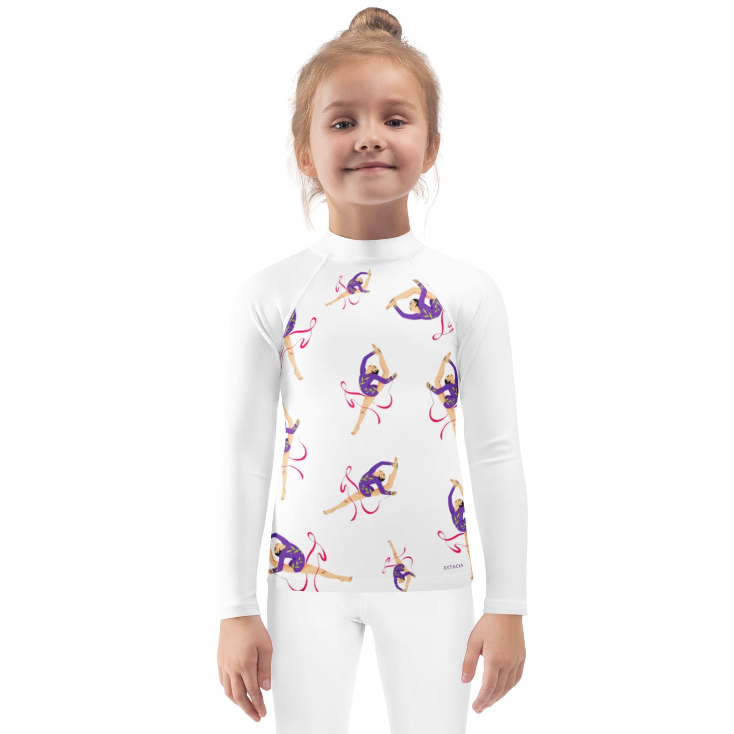 Rash guard pour petite fille – Blanc – Compression légère, séchage rapide – Motif Gymnaste Danseuse