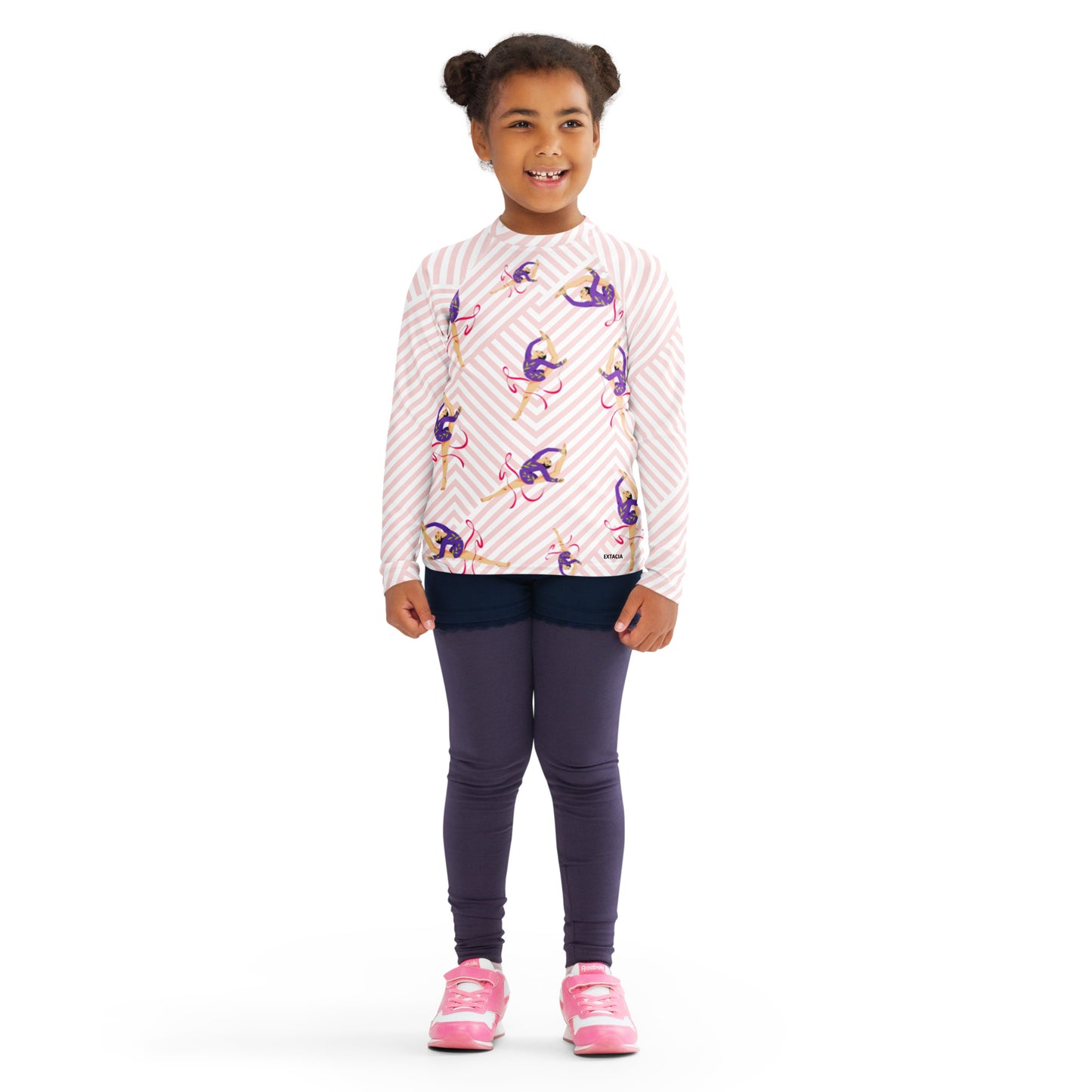 Rash guard pour petite fille – Blanc & Rose – Compression légère, séchage rapide – Motif Gymnaste Danseuse