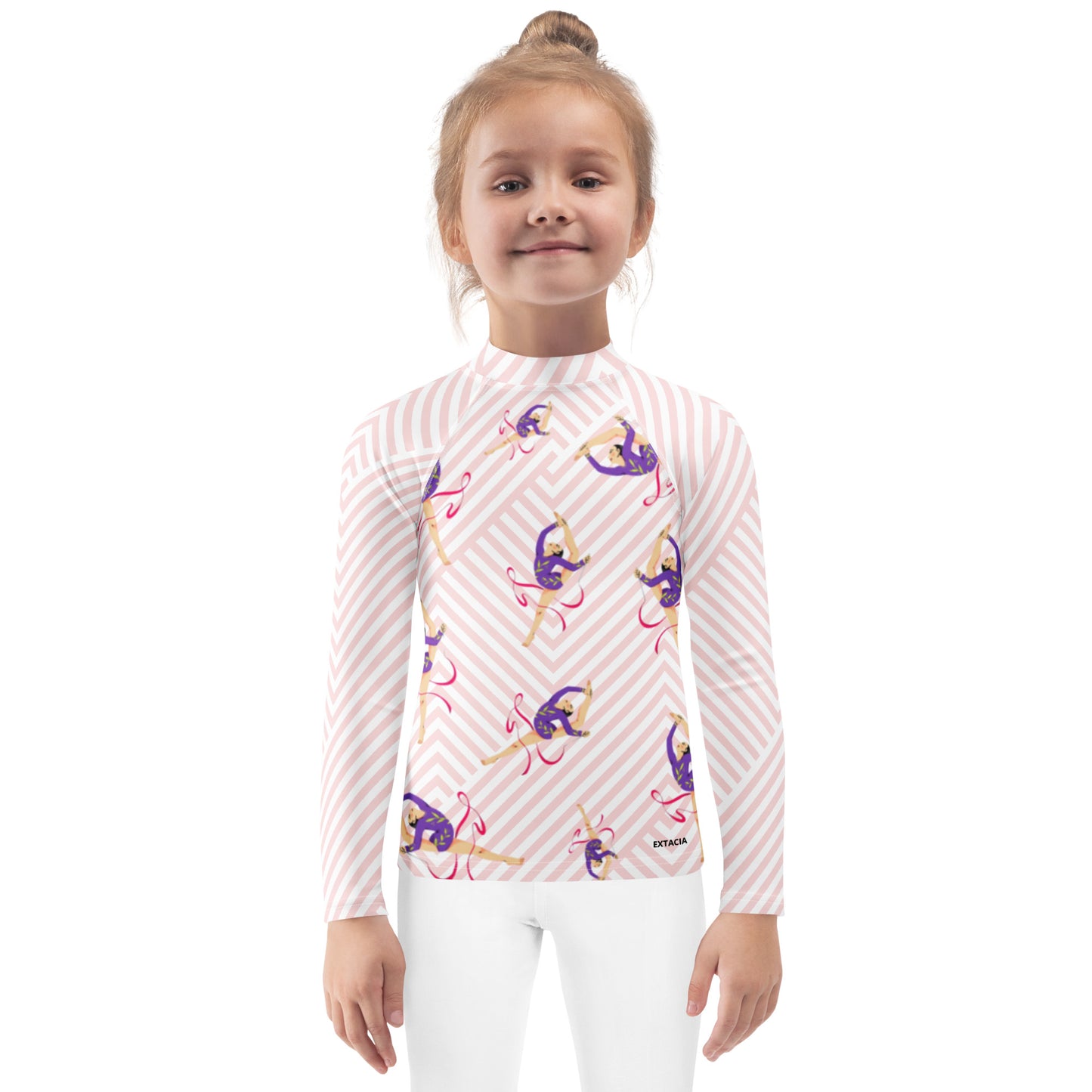 Rash guard pour petite fille – Blanc & Rose – Compression légère, séchage rapide – Motif Gymnaste Danseuse