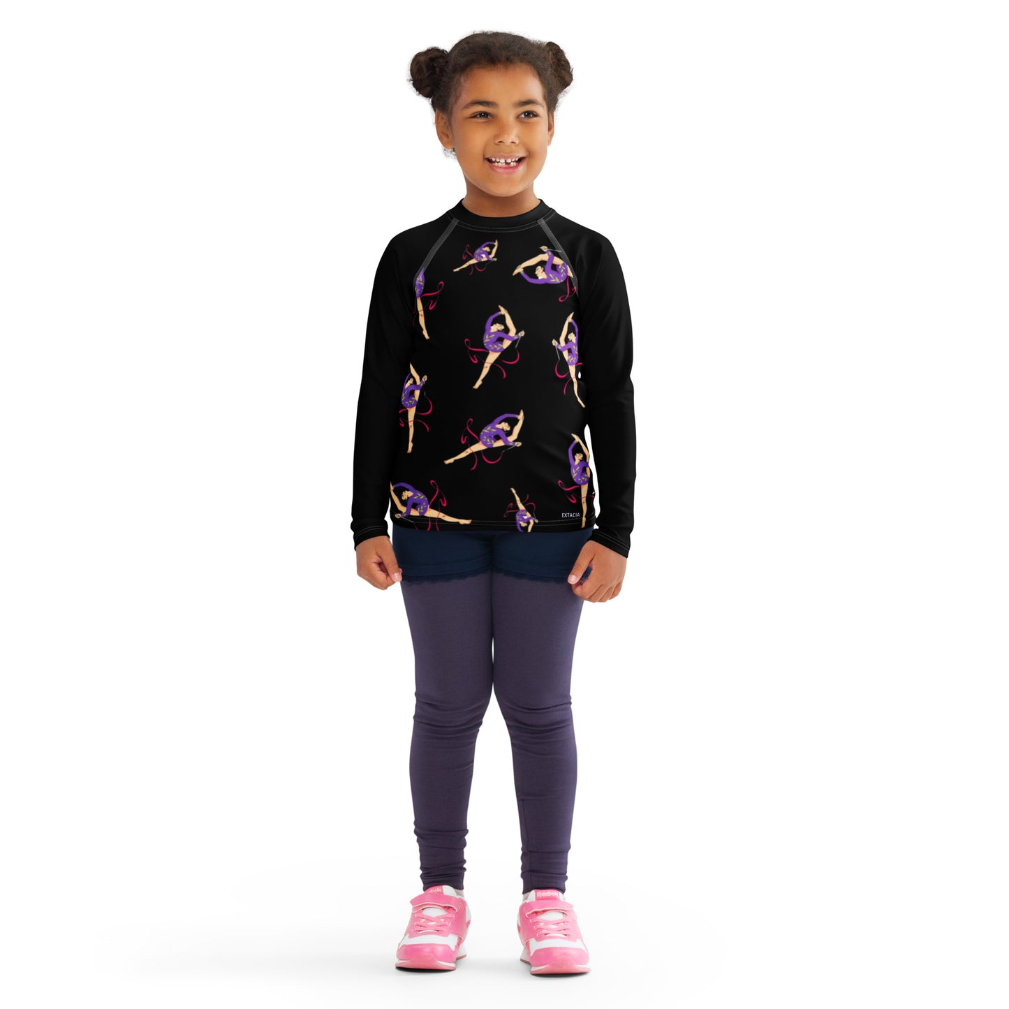 Rash guard pour petite fille – Noir – Compression légère, séchage rapide – Motif Gymnaste Danseuse