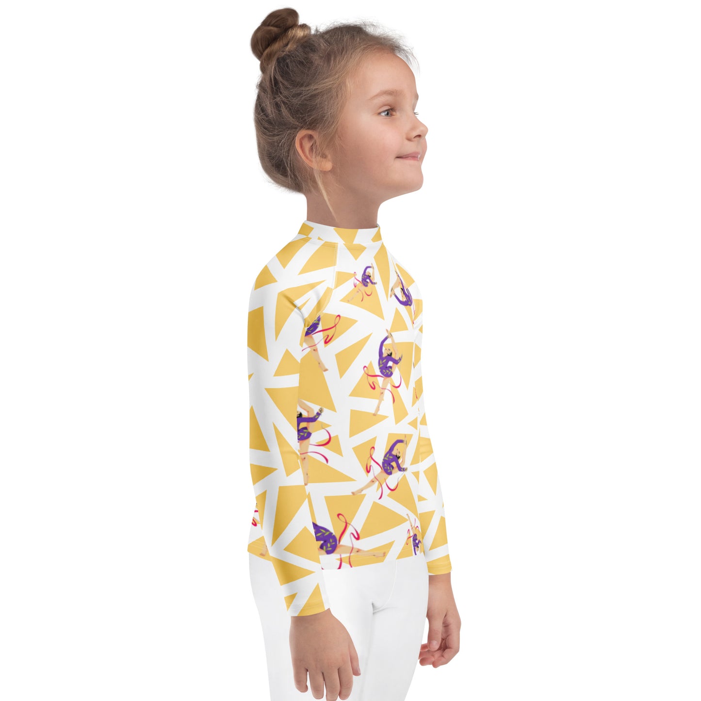 Rash guard pour petite fille – Blanc & Jaune – Compression légère, séchage rapide – Motif Gymnaste Danseuse