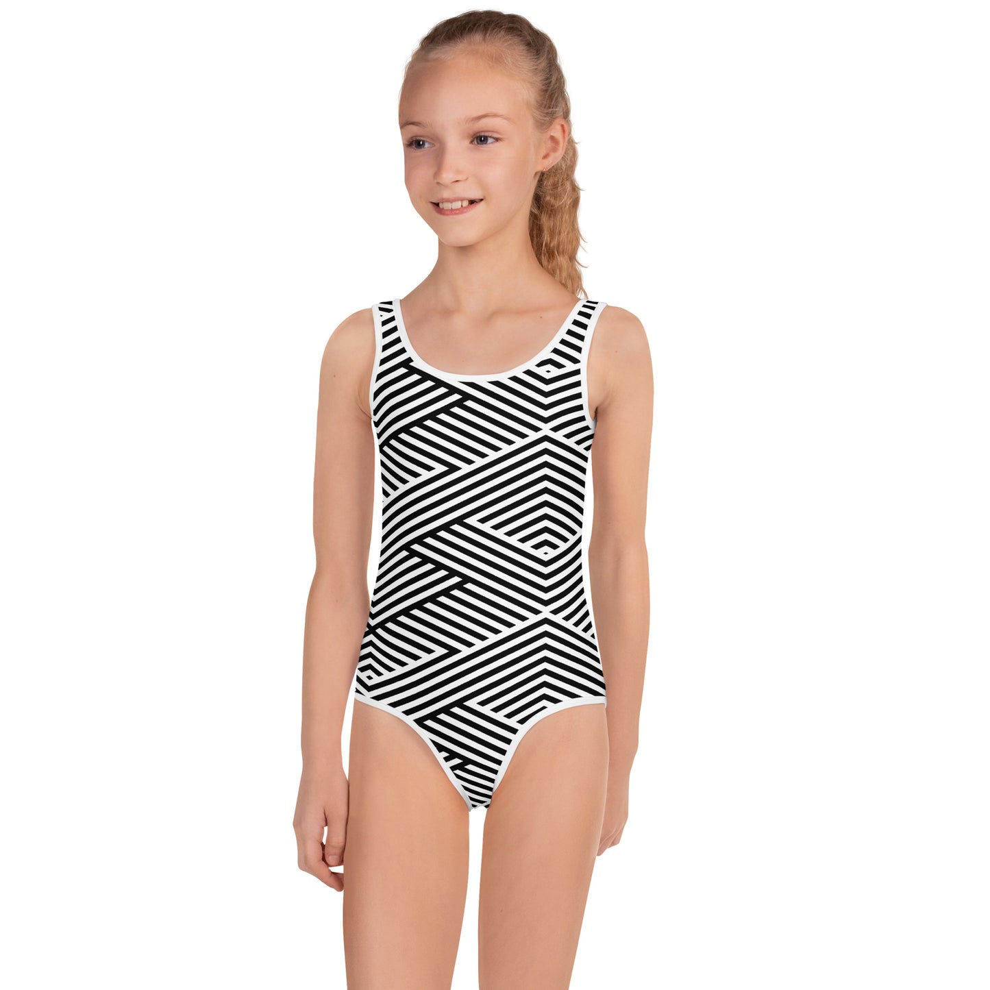 Maillot de bain 1 pièce pour petite fille – Blanc & Noir – Confort, maintien & séchage rapide – Graphique
