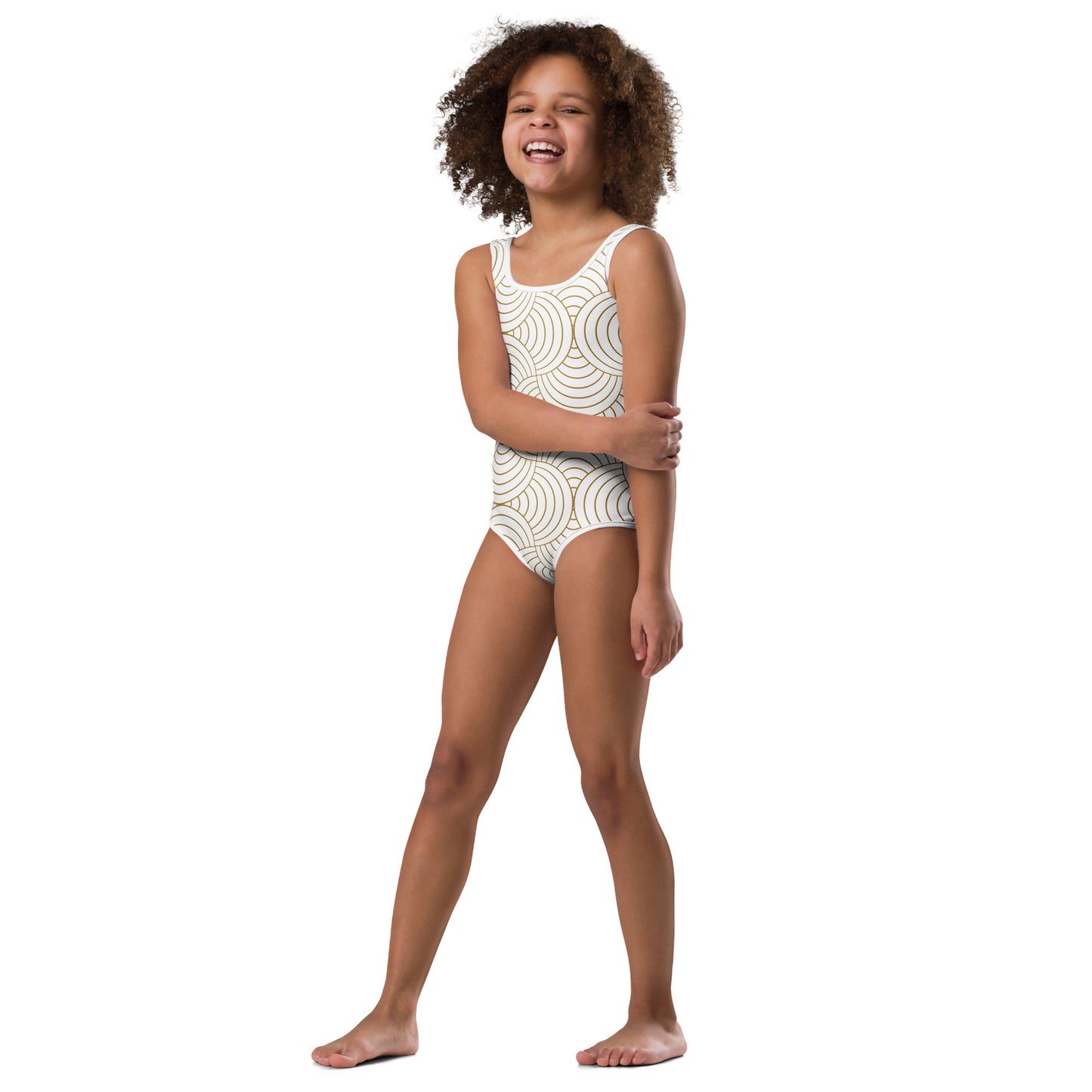 Maillot de bain 1 pièce pour petite fille – Blanc & Or – Confort, maintien & séchage rapide – Graphique