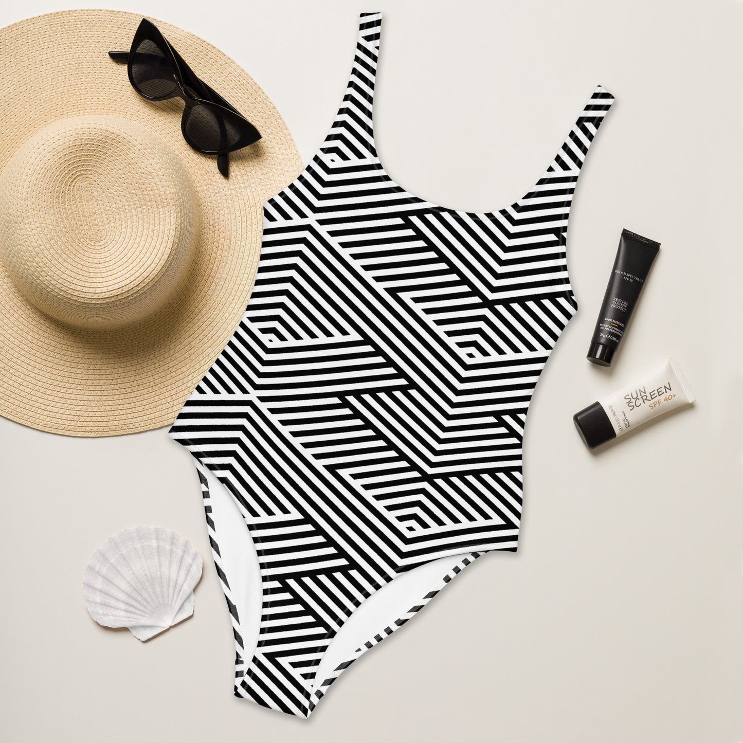 Maillot de bain 1 pièce pour femme – Blanc & Noir – Confort, maintien & séchage rapide – Graphique