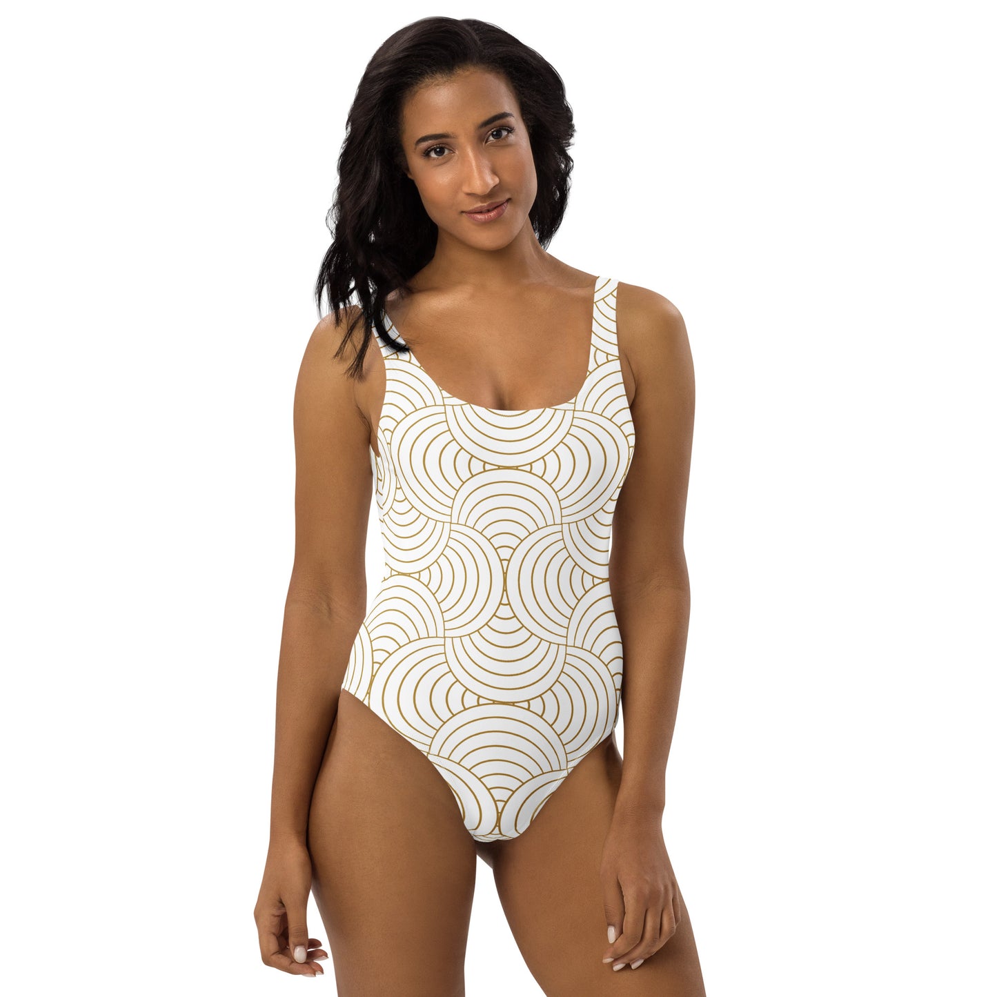 Maillot de bain 1 pièce pour femme – Blanc & Or – Confort, maintien & séchage rapide – Graphique