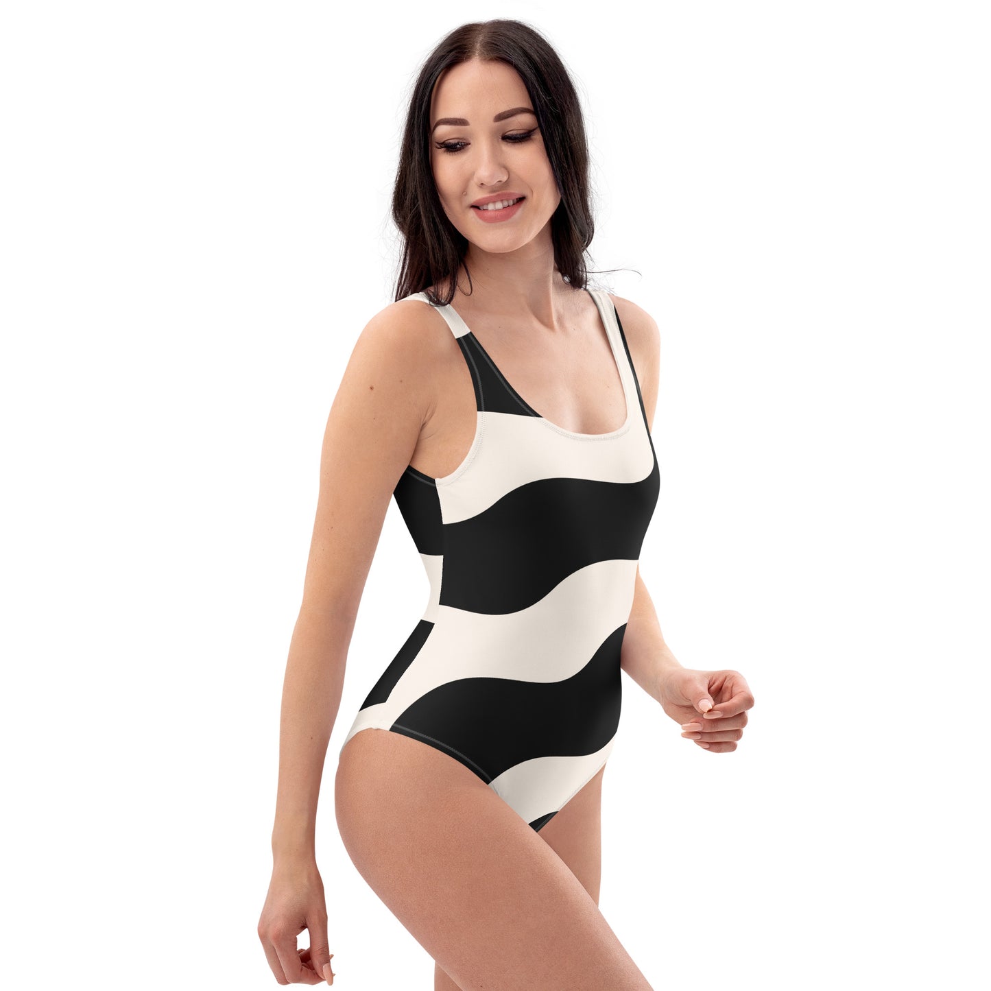 Maillot de bain 1 pièce pour femme – Beige & Noir – Confort, maintien & séchage rapide – Graphique