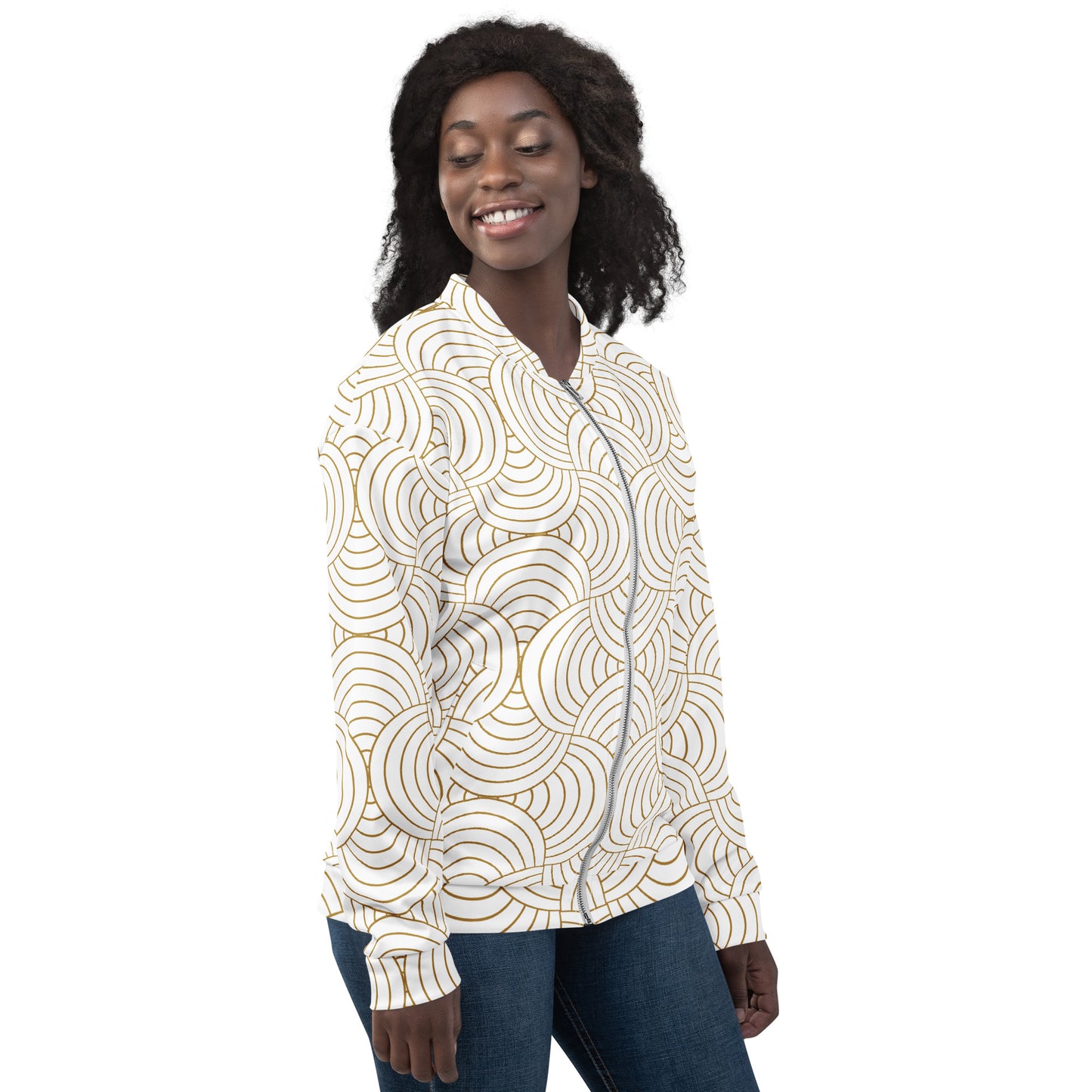Veste bombardier pour femme - Blanc et Or – Zippée, légère et confortable – Graphique Minimaliste