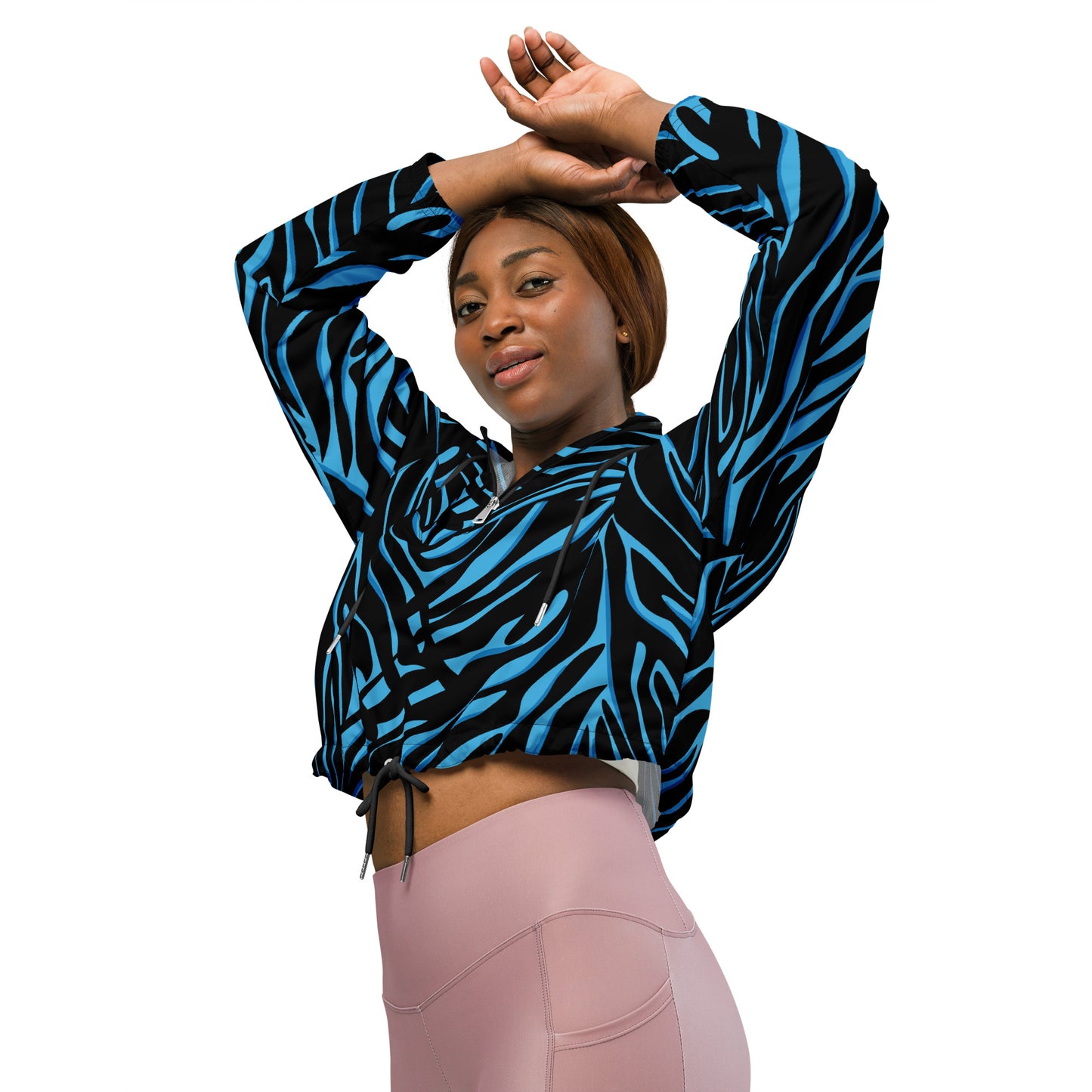 Veste coupe-vent pour femme courte - Bleu et Noir – Crop top imperméable, respirant, Imprimé Animal