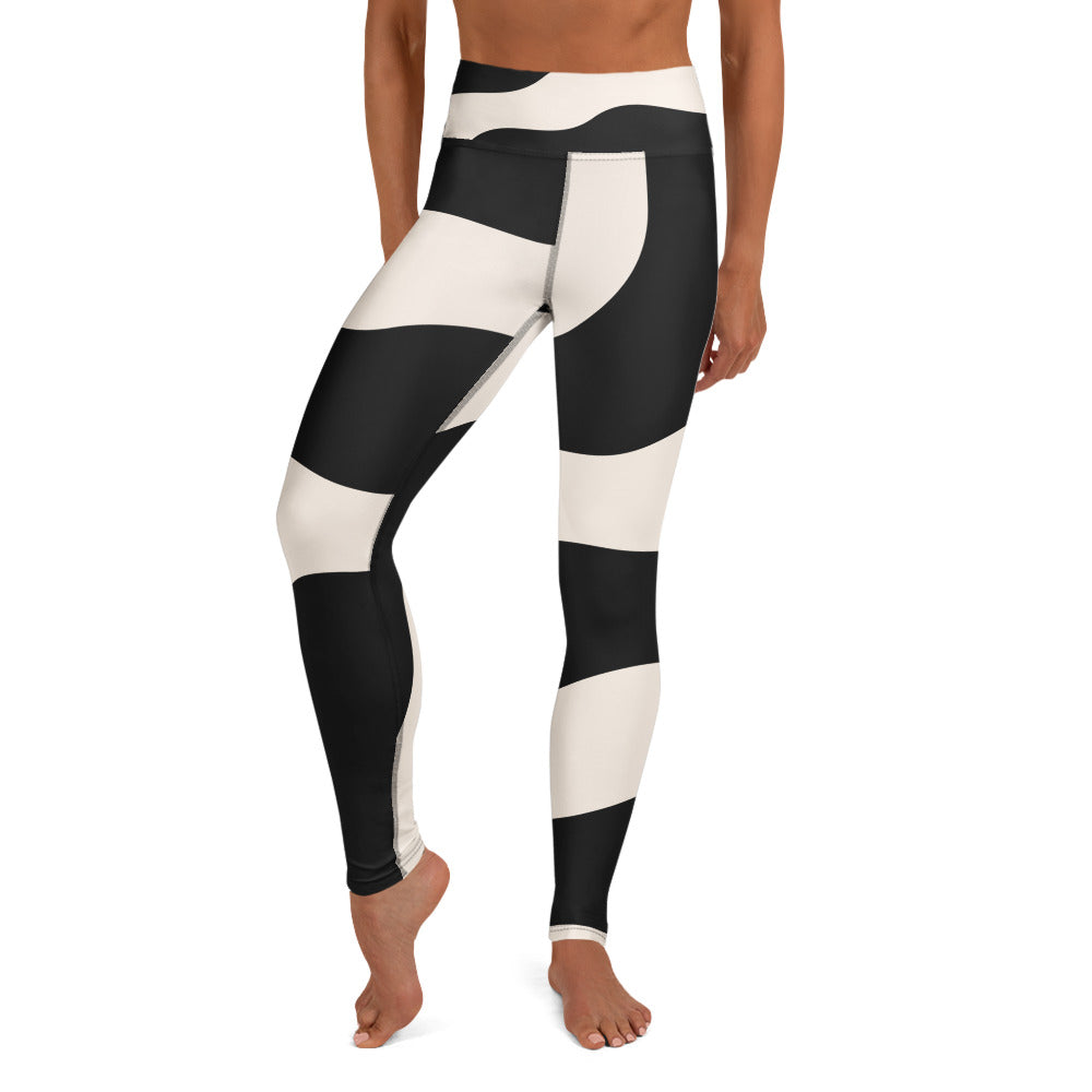Legging de yoga pour femme – Beige & Noir – Stretch, taille haute, séchage rapide – Graphique Minimaliste