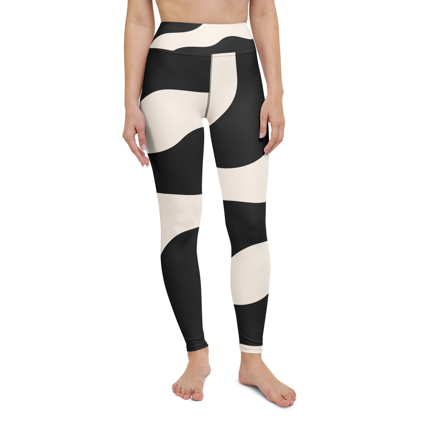Legging de yoga pour femme – Beige & Noir – Stretch, taille haute, séchage rapide – Graphique Minimaliste