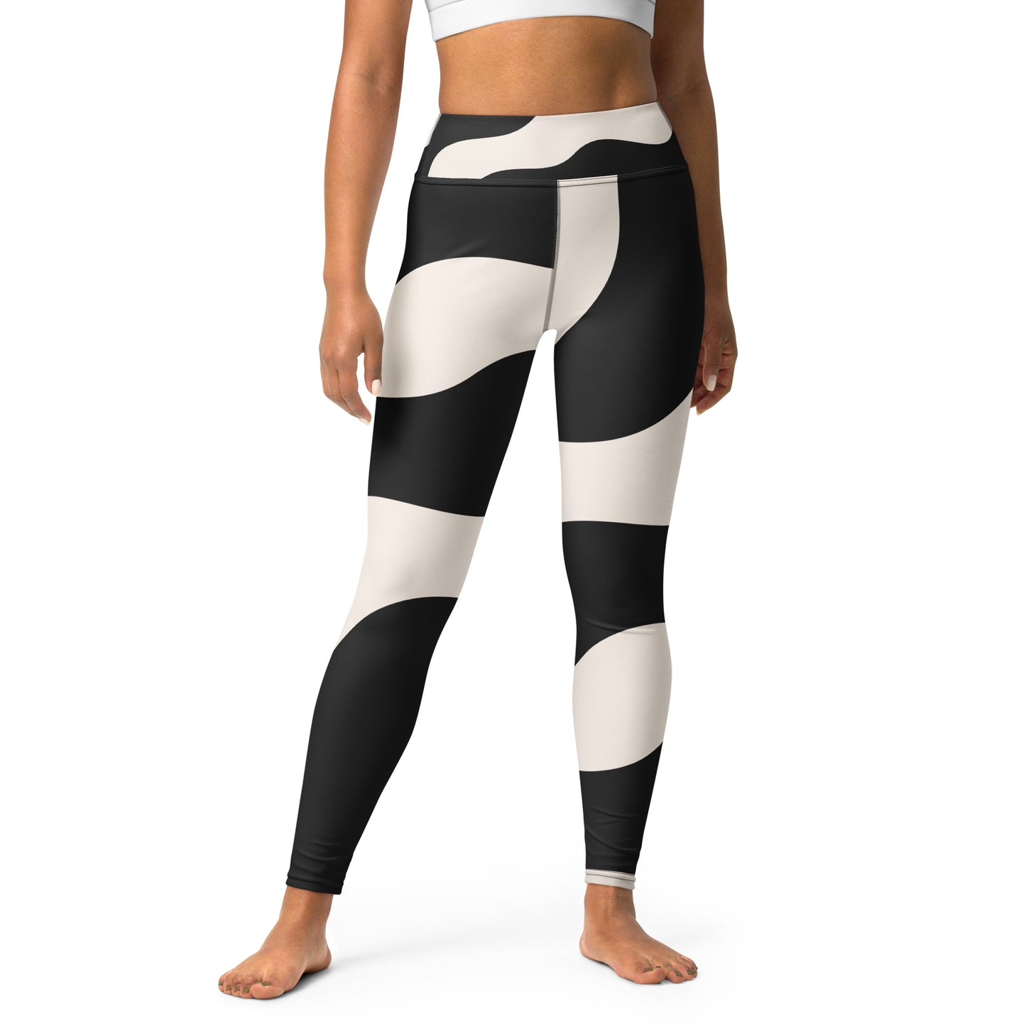 Legging de yoga pour femme – Beige & Noir – Stretch, taille haute, séchage rapide – Graphique Minimaliste