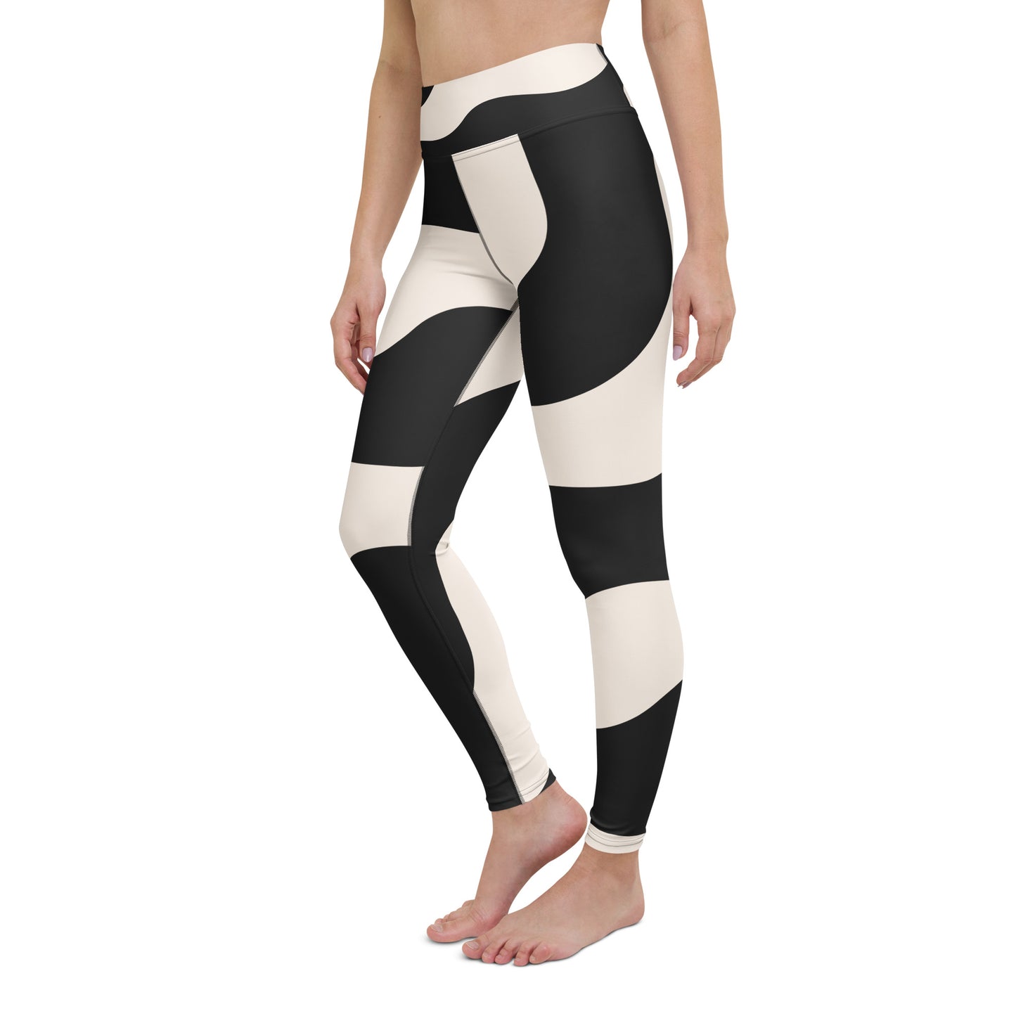 Legging de yoga pour femme – Beige & Noir – Stretch, taille haute, séchage rapide – Graphique Minimaliste