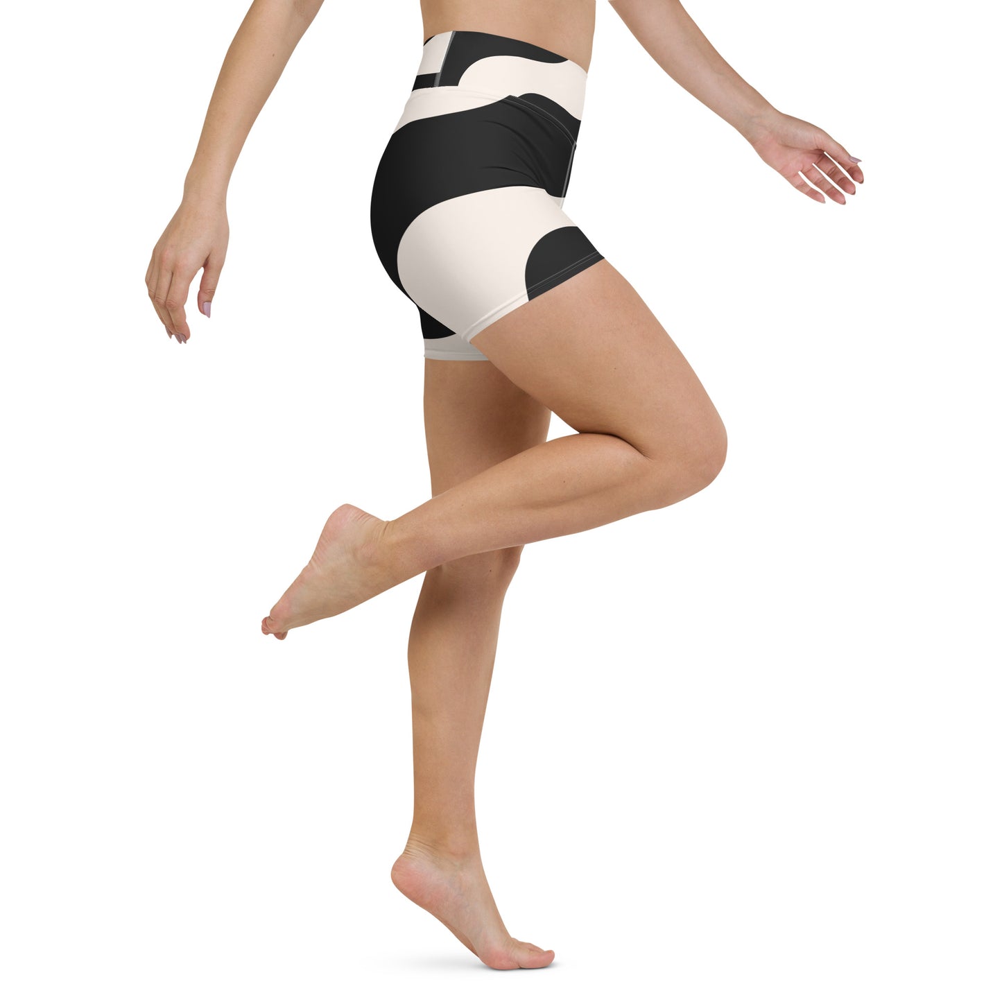 Short legging de yoga pour femme – Beige & Noir – Stretch, taille haute, séchage rapide – Graphique