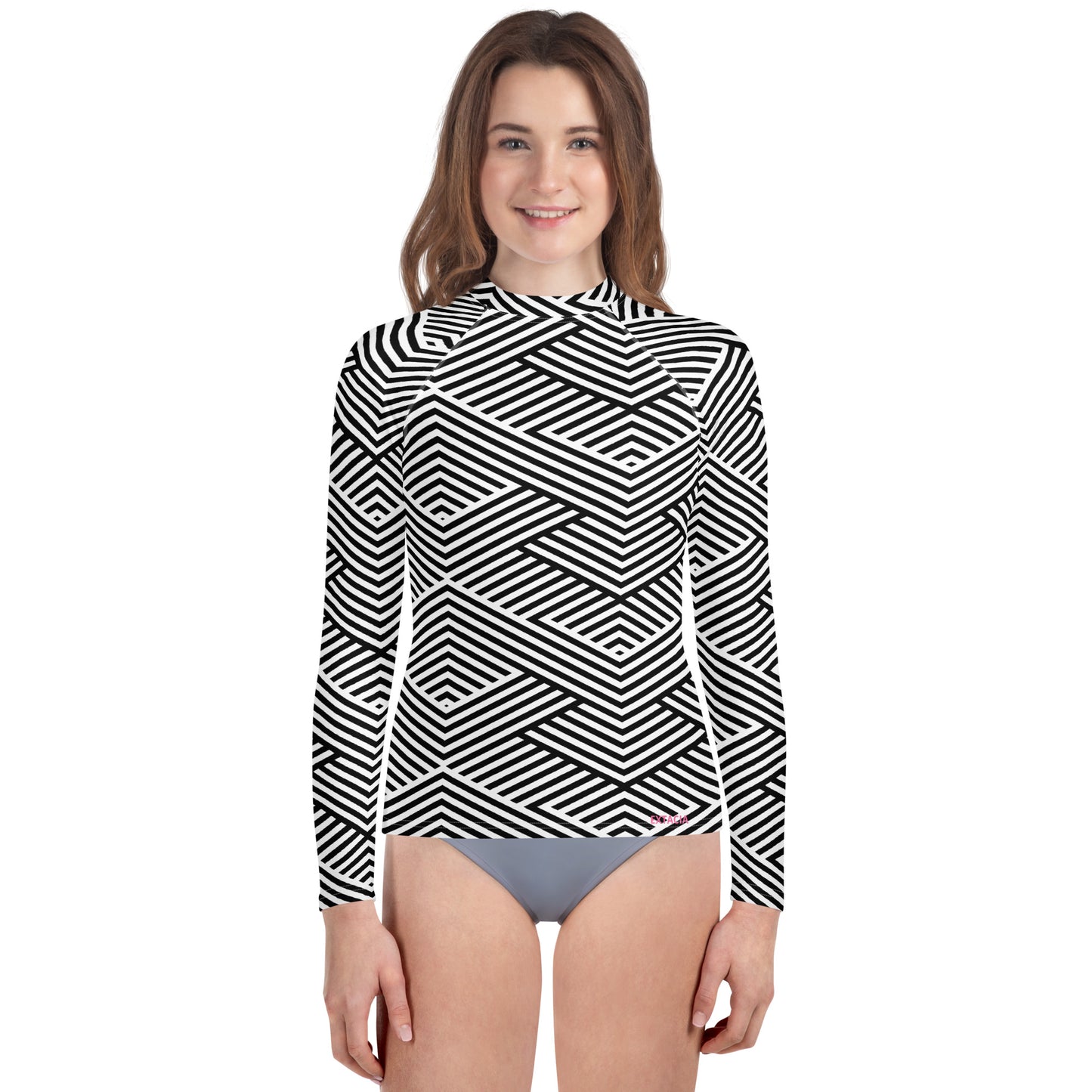 Rash guard pour fille ado – Blanc & Noir – Compression légère, respirant & séchage rapide – Graphique