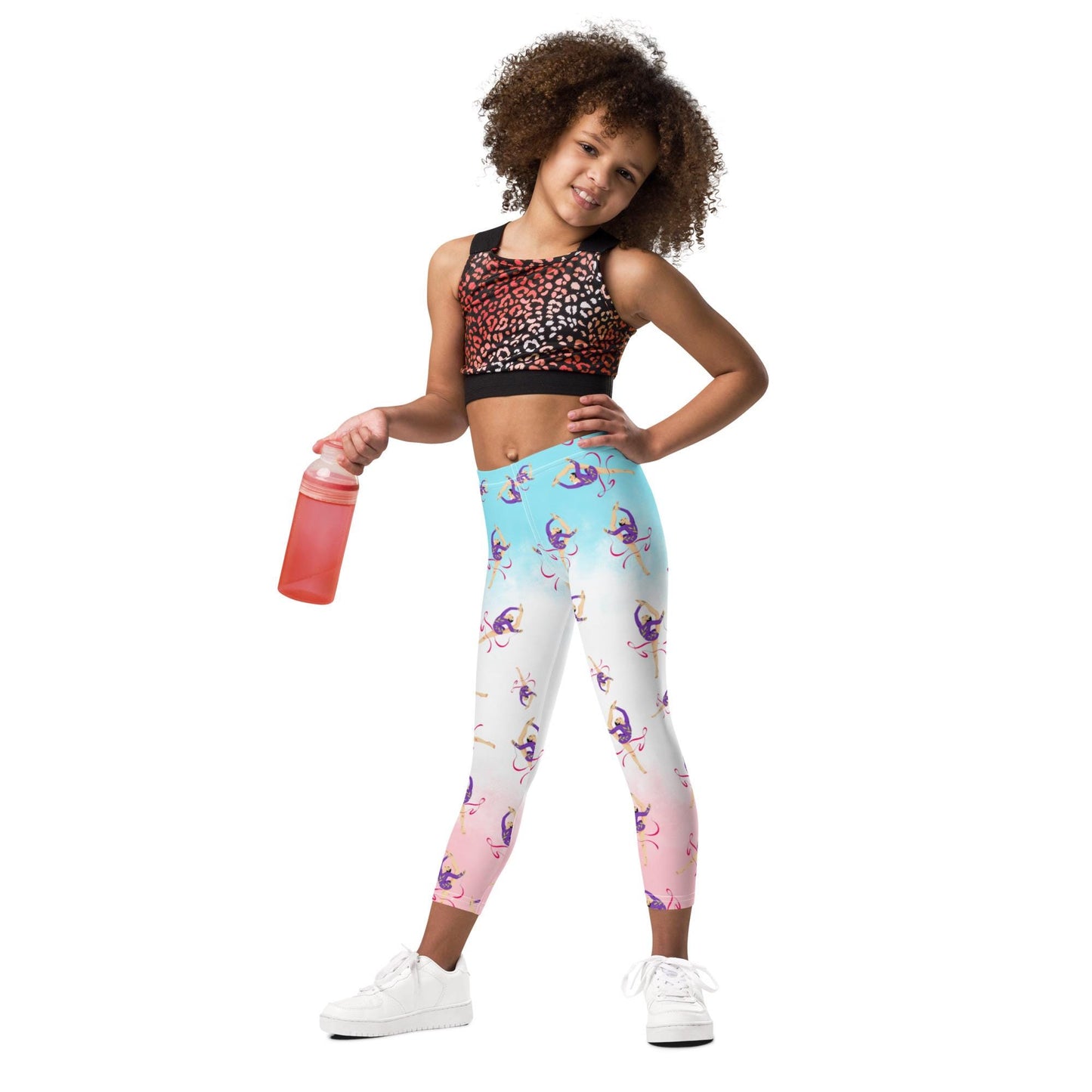 Legging pour petite fille – Dégradé Bleu, Blanc, Rosé – Doux, extensible, toutes saisons – Motif Gymnaste Danseuse