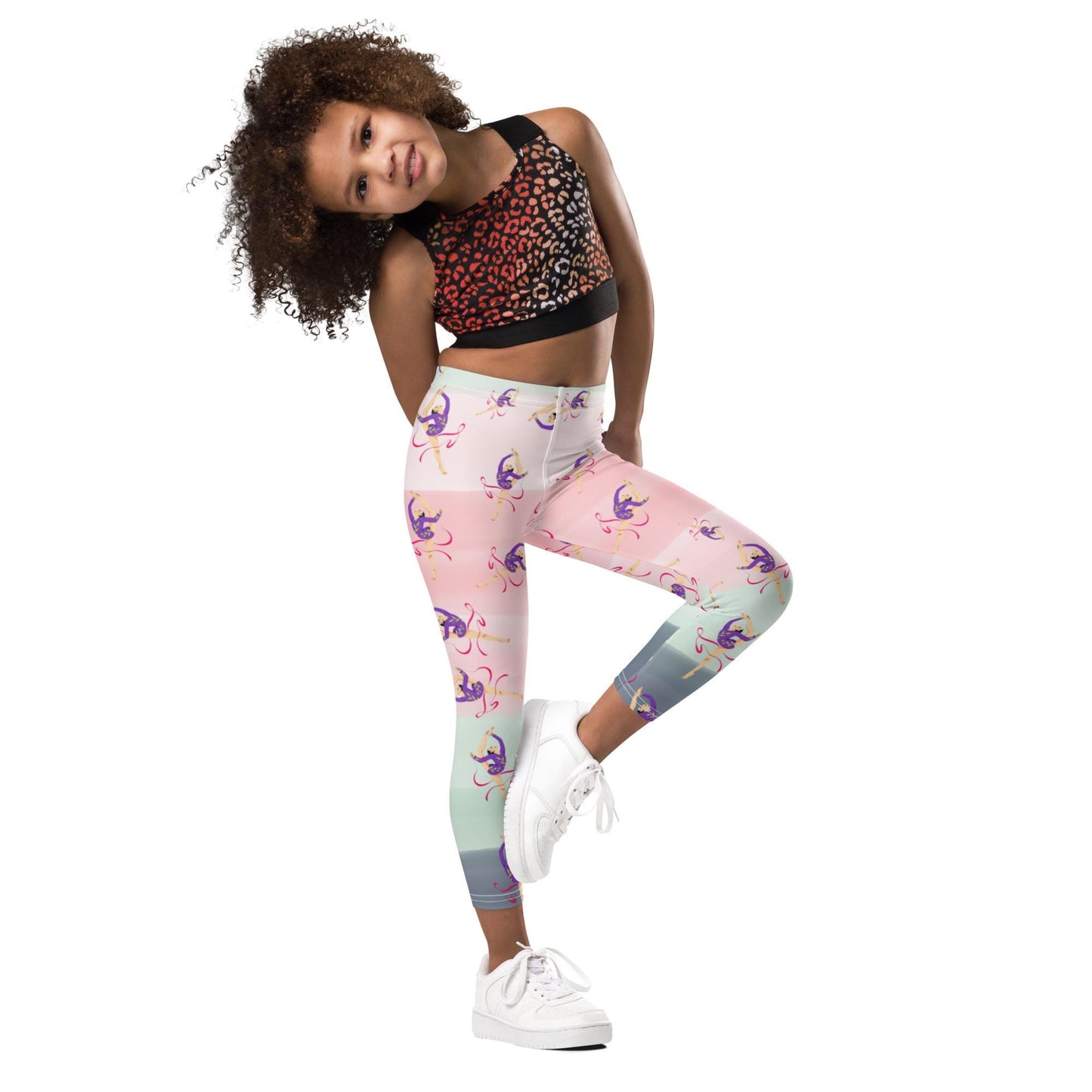 Legging pour petite fille – Dégragé Rose Kaki – Doux, extensible, toutes saisons – Motif Gymnaste Danseuse