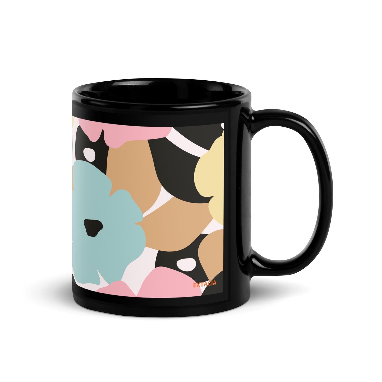 Mug Noir à Intérieur Coloré – Tasse en Céramique Élégante - Design Florale - Café, Thé, Chocolat - cuisine, cadeau, anniversaire, bureau