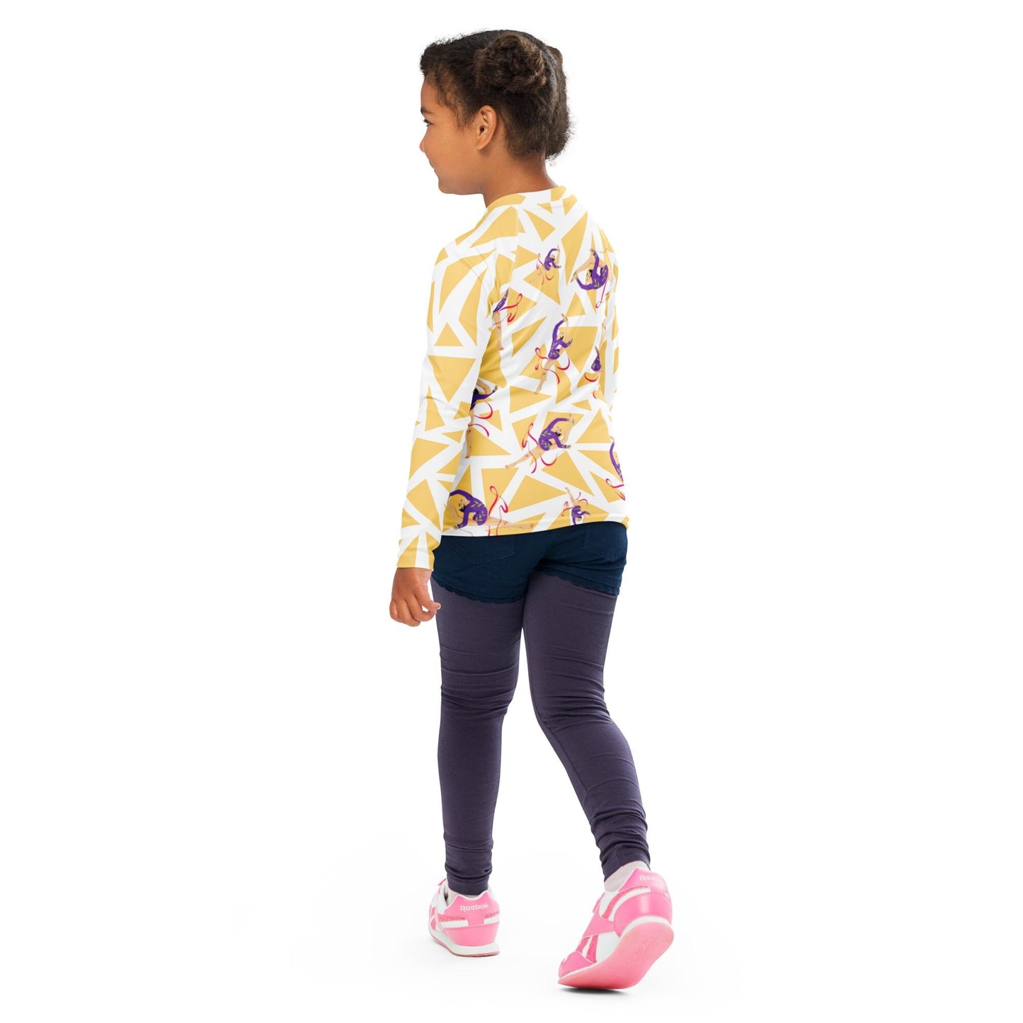 Rash guard pour petite fille – Blanc & Jaune – Compression légère, séchage rapide – Motif Gymnaste Danseuse