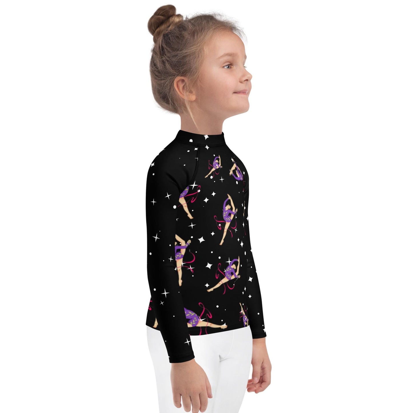 Rash guard pour petite fille – Noir Etoilé – Compression légère, séchage rapide – Motif Gymnaste Danseuse