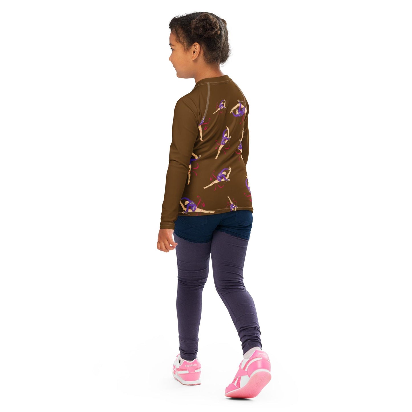Rash guard pour petite fille – Marron – Compression légère, séchage rapide – Motif Gymnaste Danseuse