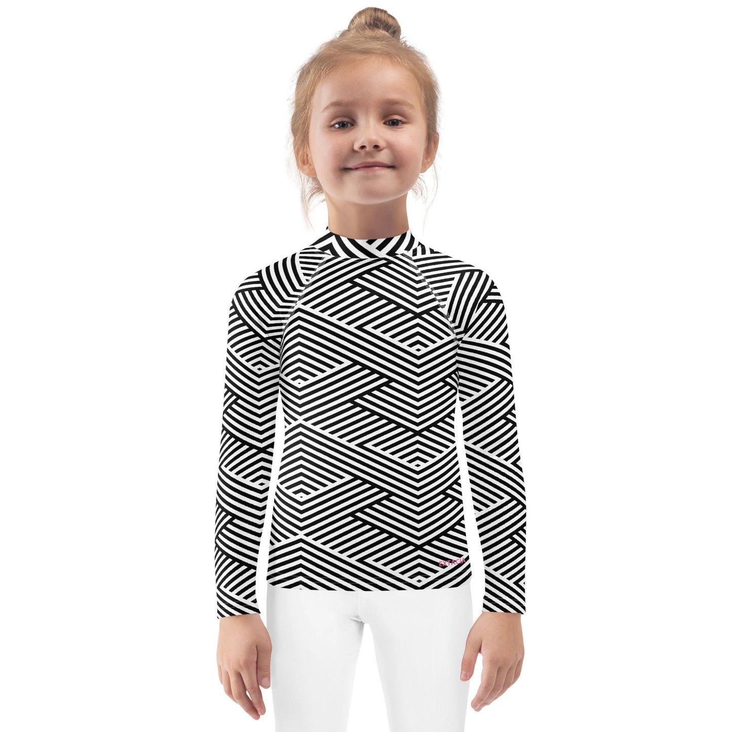 Rash guard pour petite fille – Blanc & Noir – Compression légère, séchage rapide – Graphique