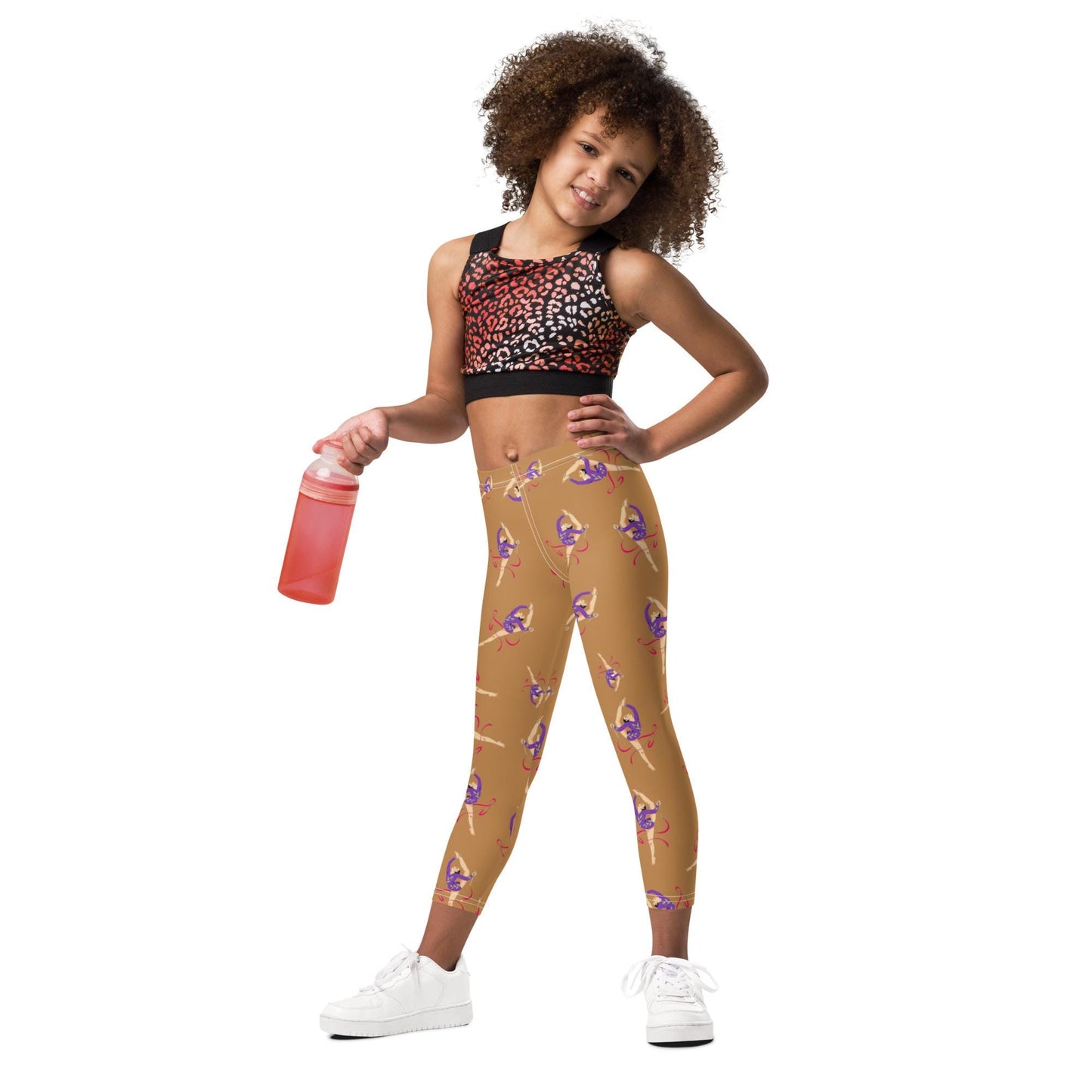 Legging pour petite fille – Camel – Doux, extensible, toutes saisons – Motif Gymnaste Danseuse