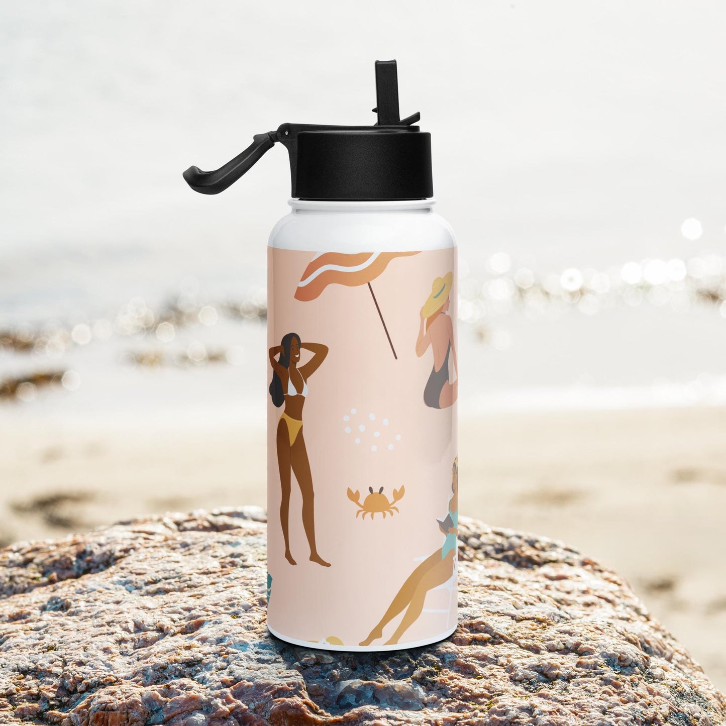Bouteille Isotherme en Acier Inoxydable avec Paille - gourde écologique, couvercle en plastique sans BPA 32 oz 950 ml - Design Femmes, Plage