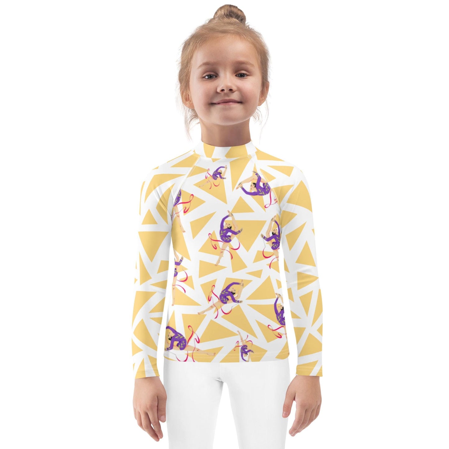 Rash guard pour petite fille – Blanc & Jaune – Compression légère, séchage rapide – Motif Gymnaste Danseuse