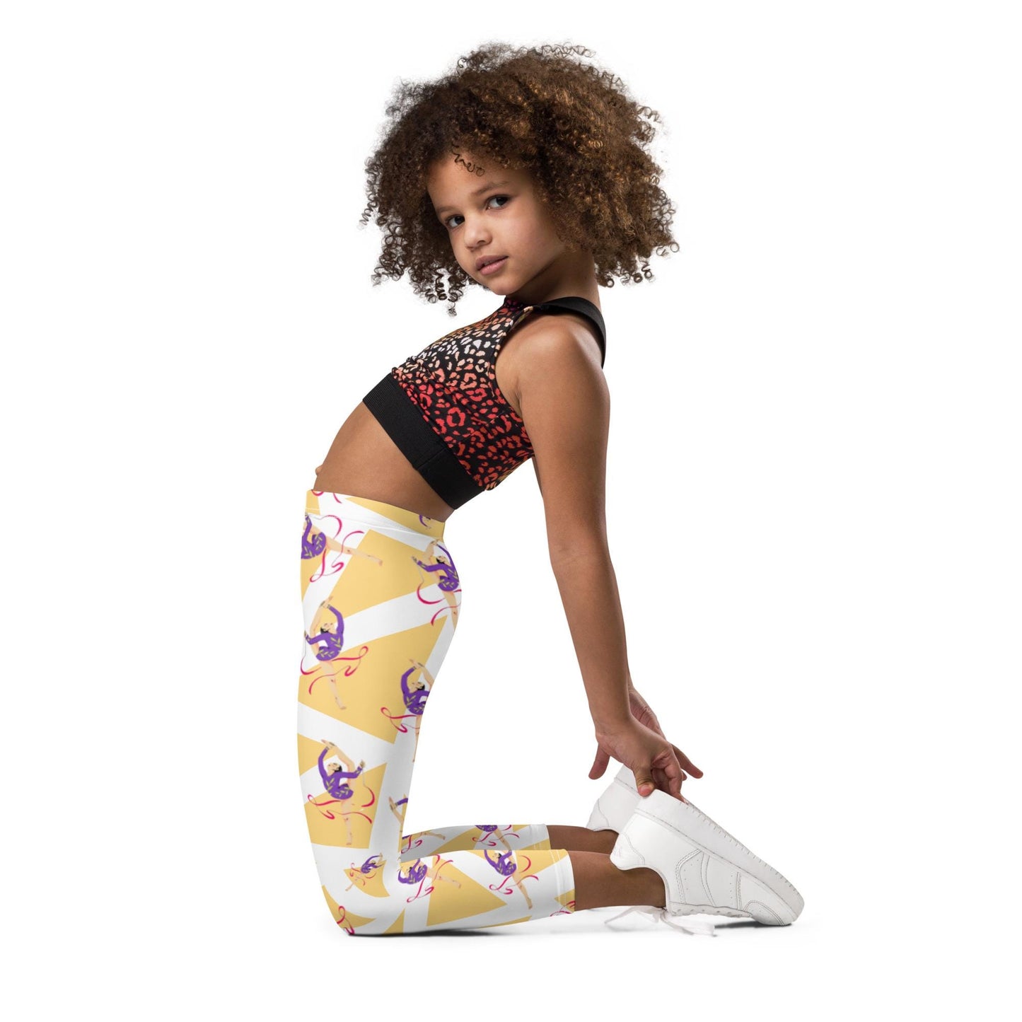 Legging pour petite fille – Blanc & Jaune – Doux, extensible, toutes saisons – Motif Gymnaste Danseuse