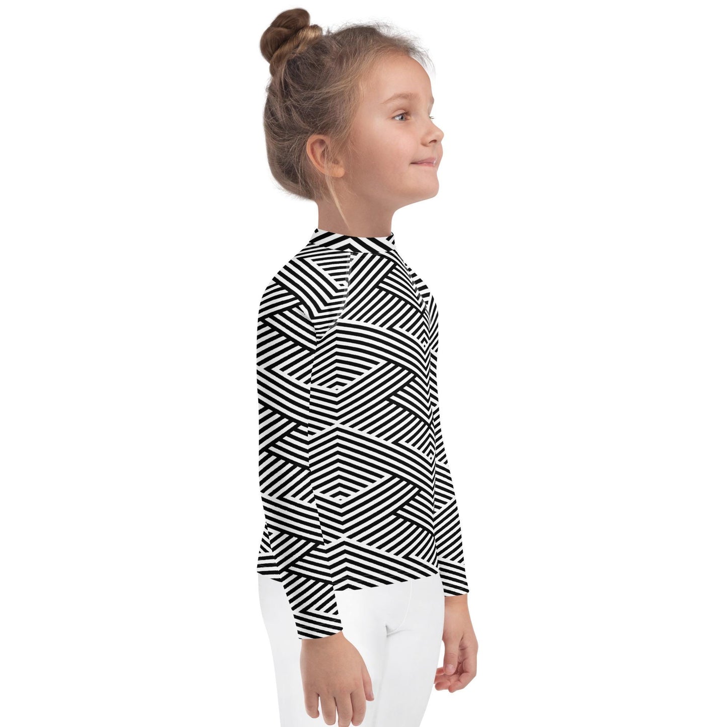 Rash guard pour petite fille – Blanc & Noir – Compression légère, séchage rapide – Graphique