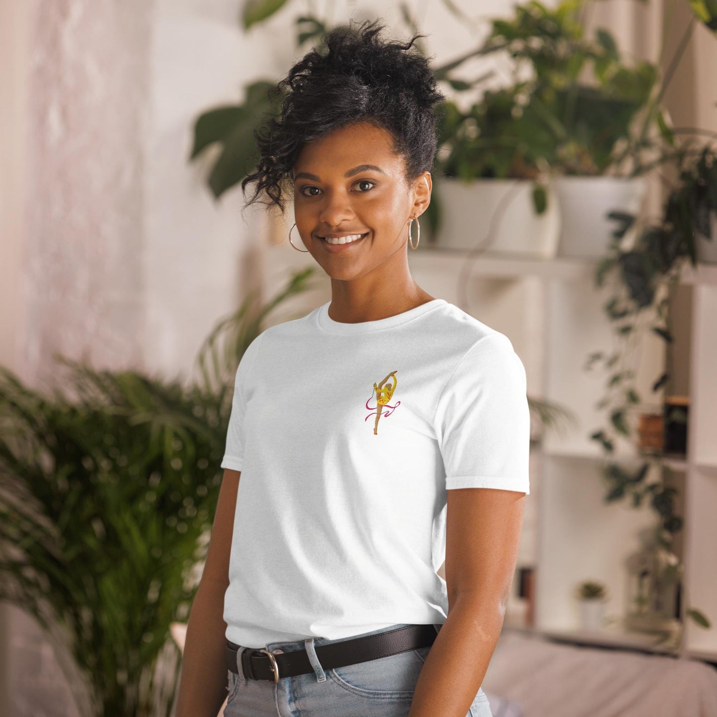 T-shirt à Col Rond 100% Coton pour Femme - Motif brodé - Doux Confortable, Urbain, cadeau coach sport - Design Danseuse, Gymnaste