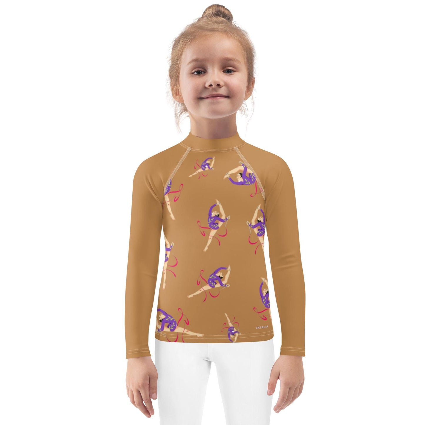 Rash guard pour petite fille – Camel – Compression légère, séchage rapide – Motif Gymnaste Danseuse