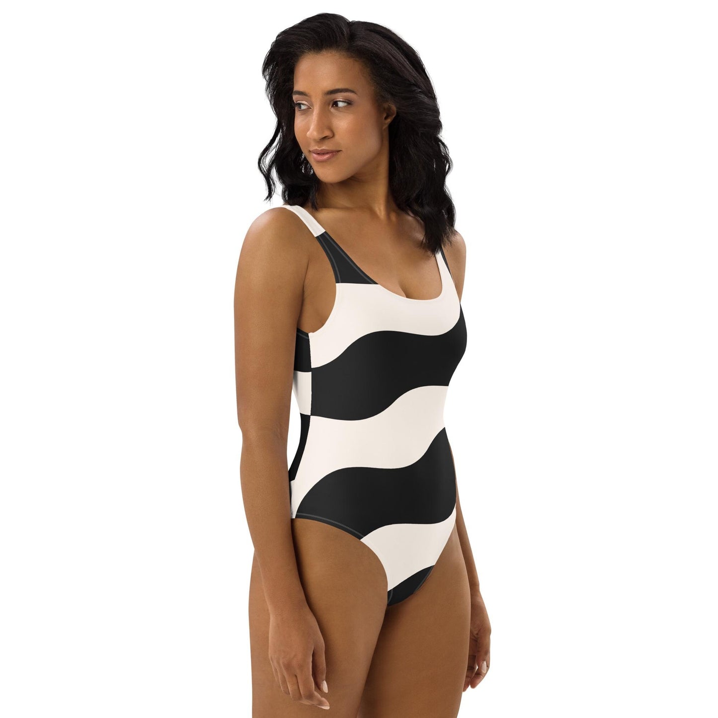 Maillot de bain 1 pièce pour femme – Beige & Noir – Confort, maintien & séchage rapide – Graphique