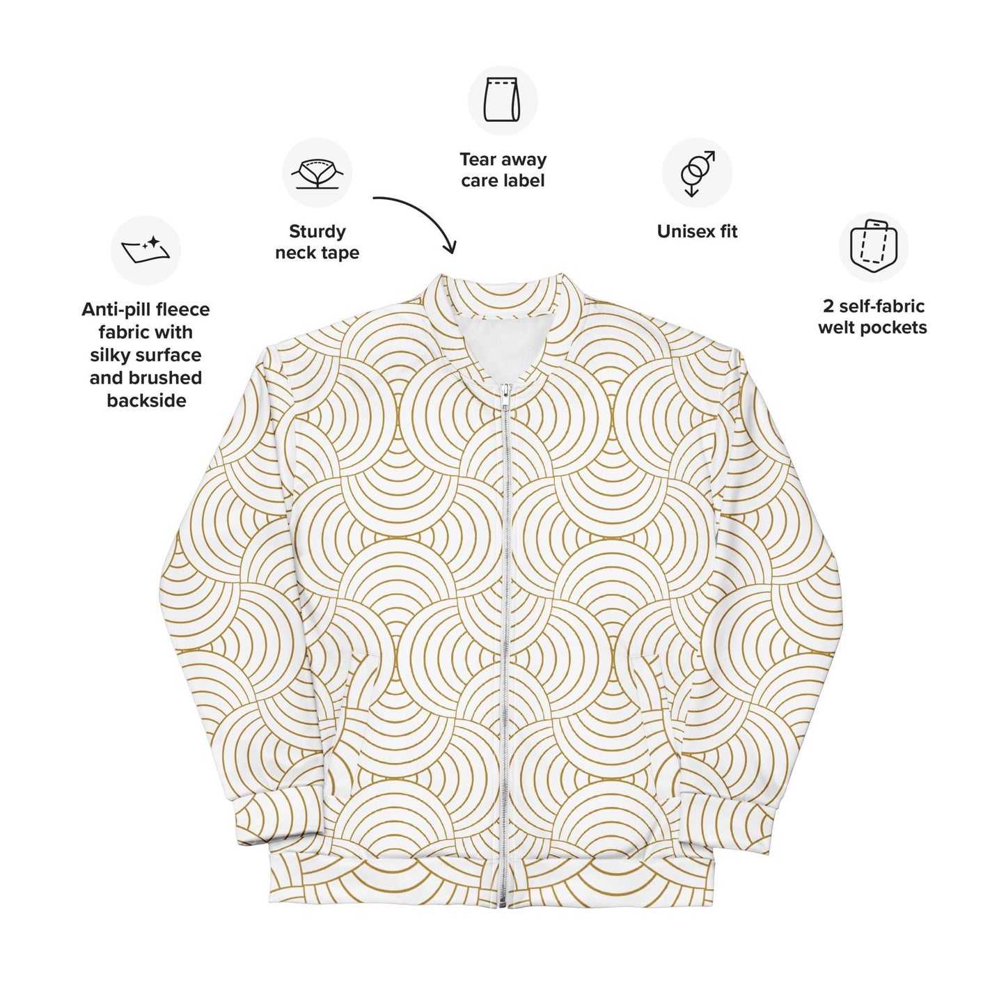 Veste bombardier pour femme - Blanc et Or – Zippée, légère et confortable – Graphique Minimaliste