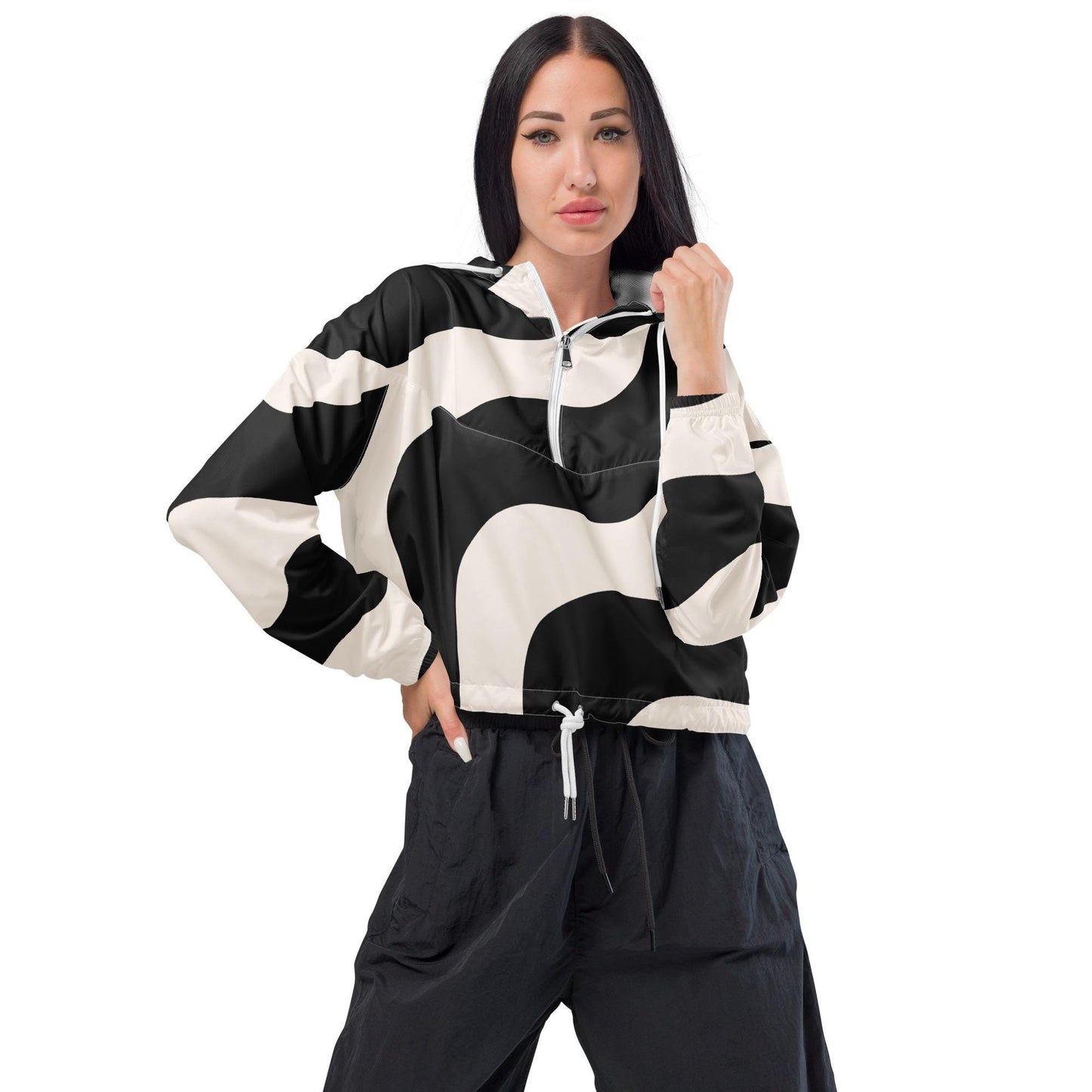 Veste coupe-vent pour femme courte - Noir et Beige – Crop top imperméable et respirant – Graphique