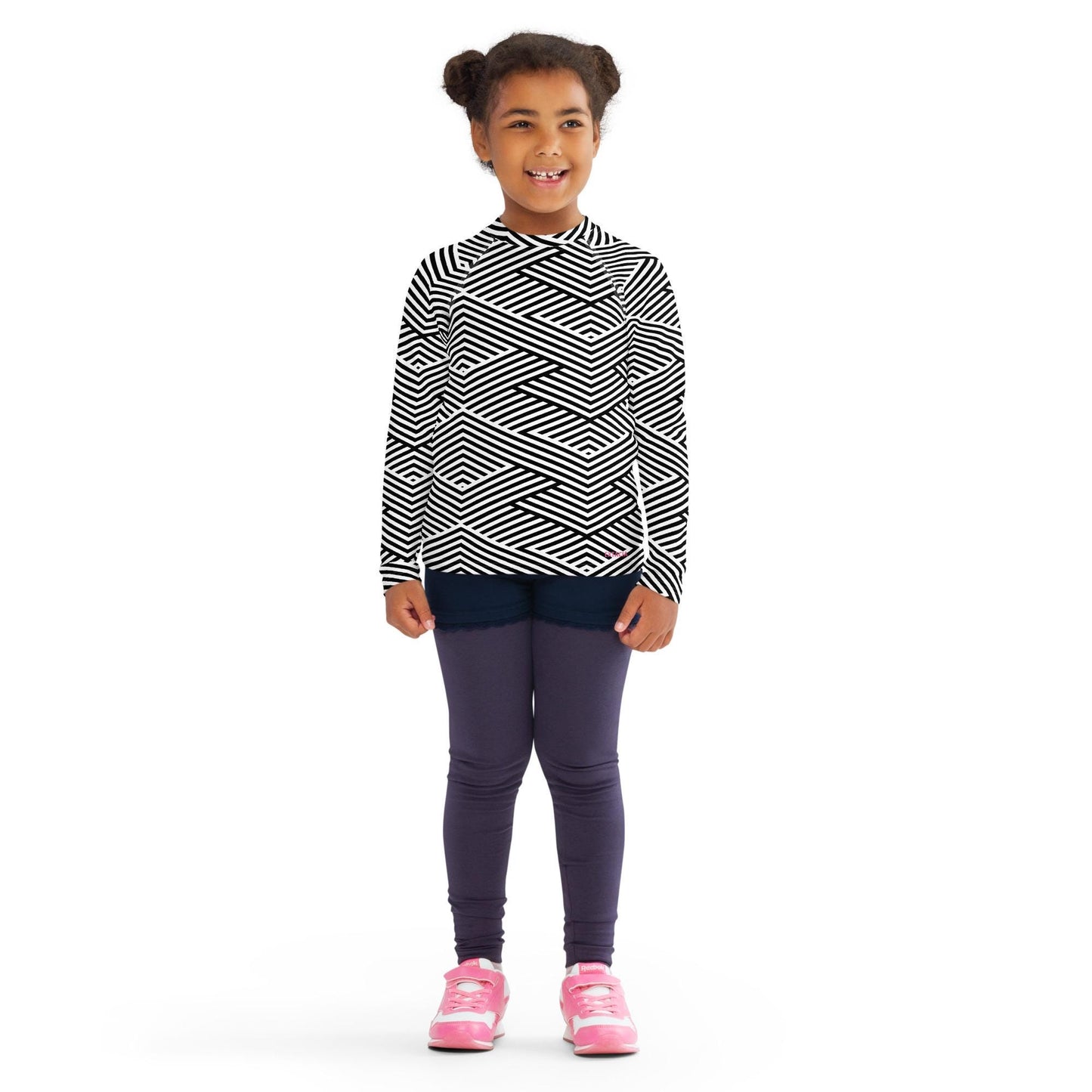 Rash guard pour petite fille – Blanc & Noir – Compression légère, séchage rapide – Graphique