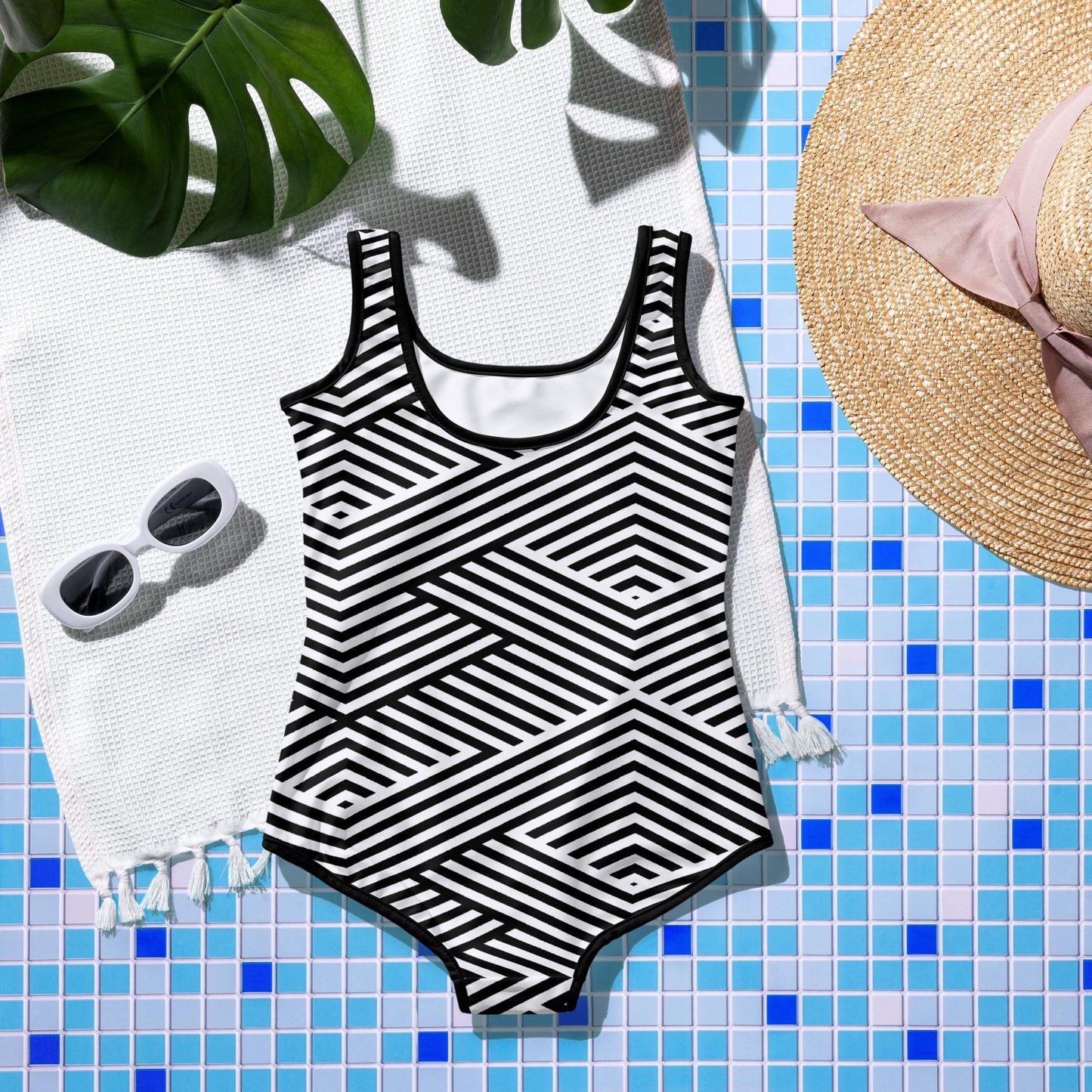 Maillot de bain 1 pièce pour fille ado – Blanc & Noir – maintien & séchage rapide – Graphique