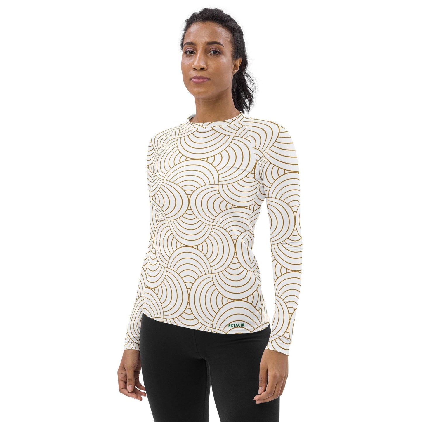 Rash guard femme - blanc et or graphique à ondulations graphique minimaliste   - Détail maille technique, confort près du corps