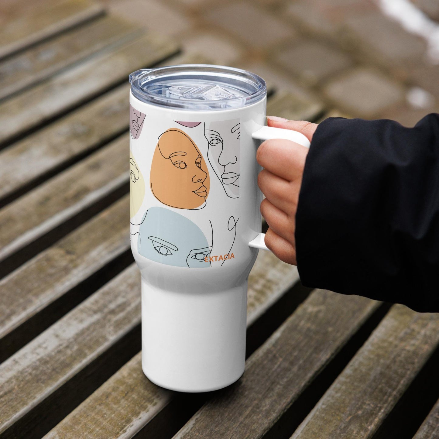 Mug Isotherme Inox - Mug de Voyage Isotherme en Acier Inoxydable avec Anse Design Artistique FĂ©minin Calligraphie - THERMOS gobelet Ătanche